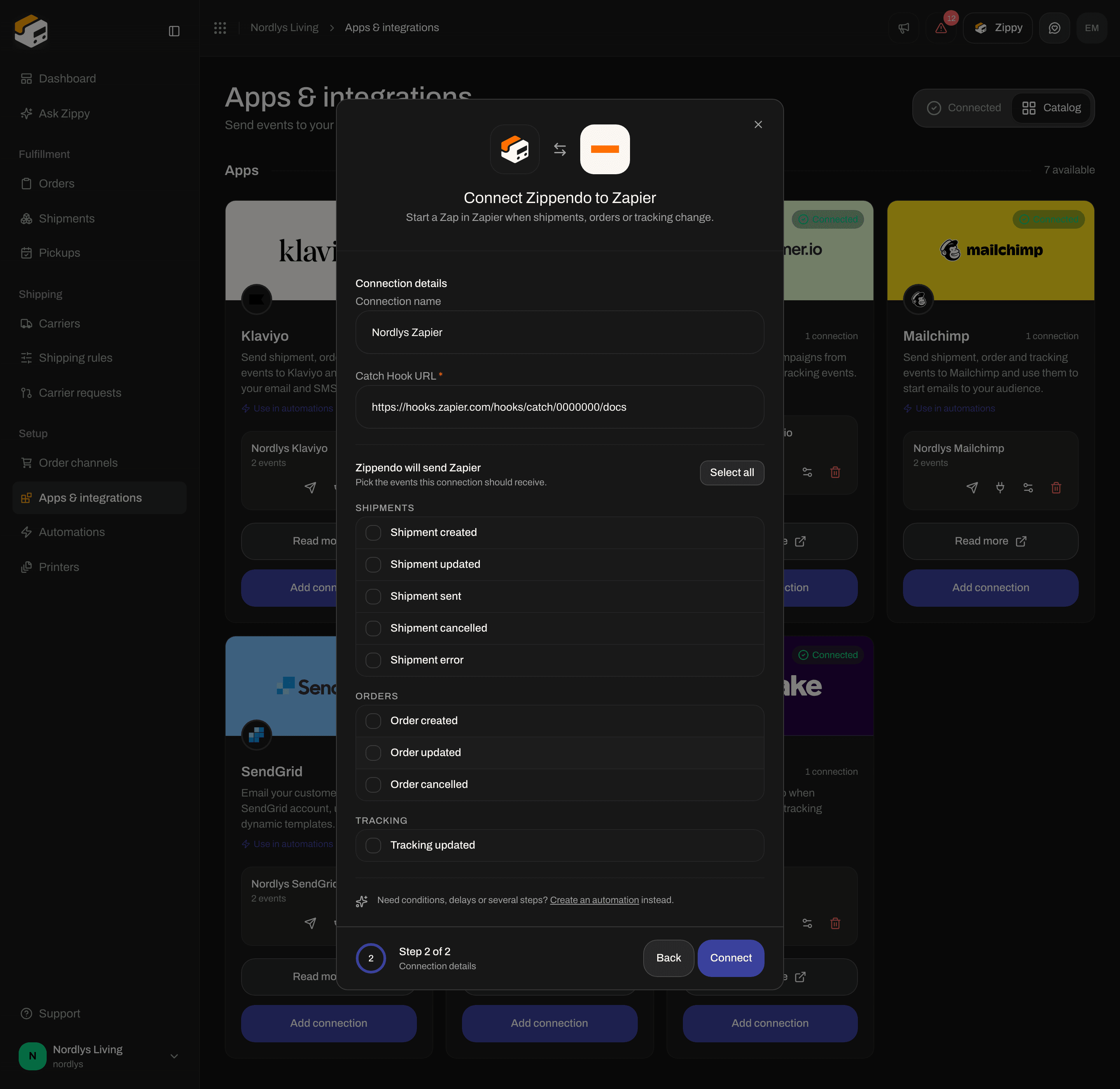Connection window for Zapier with a connection name, the Catch Hook URL and event checkboxes