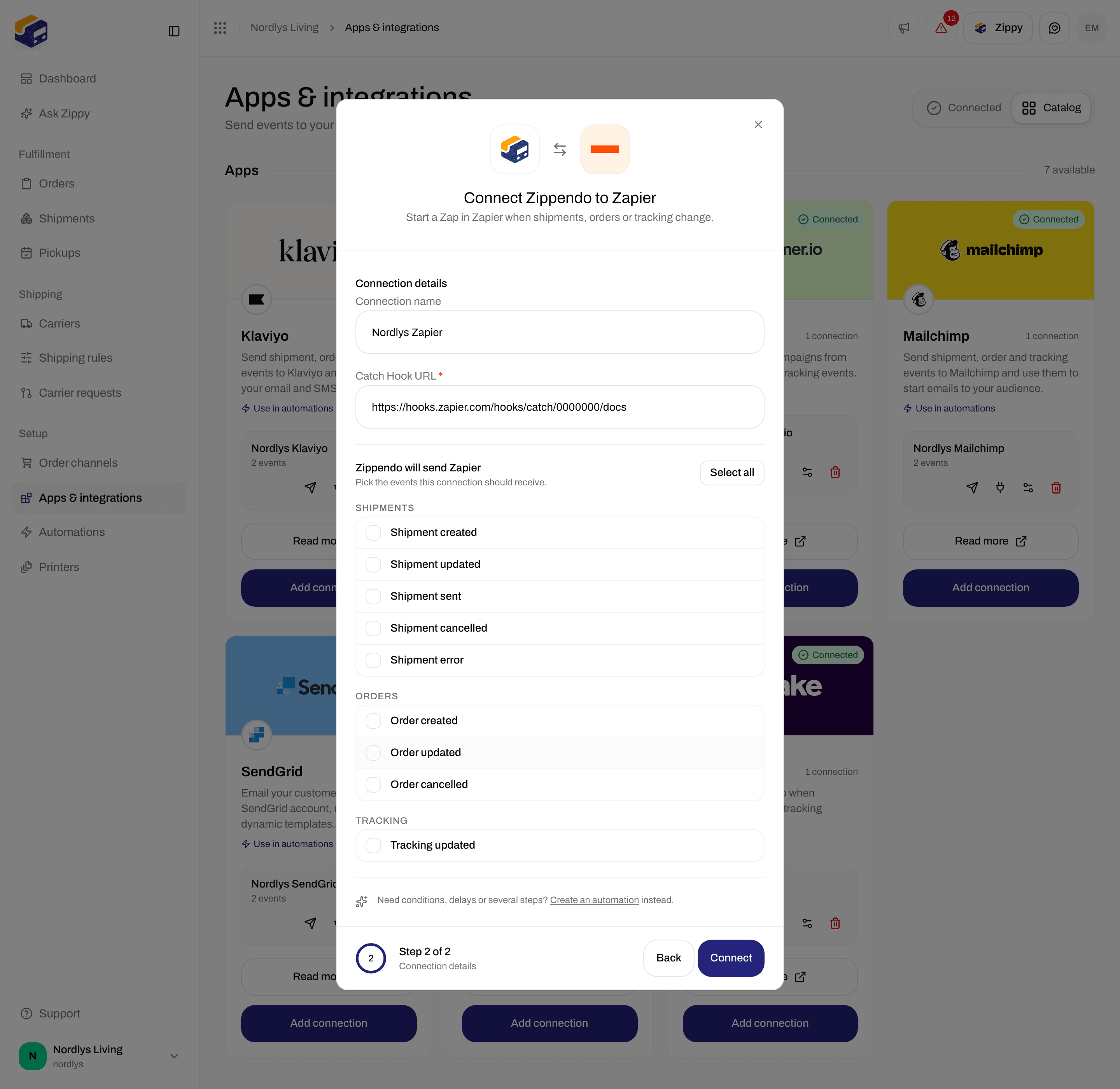 Connection window for Zapier with a connection name, the Catch Hook URL and event checkboxes