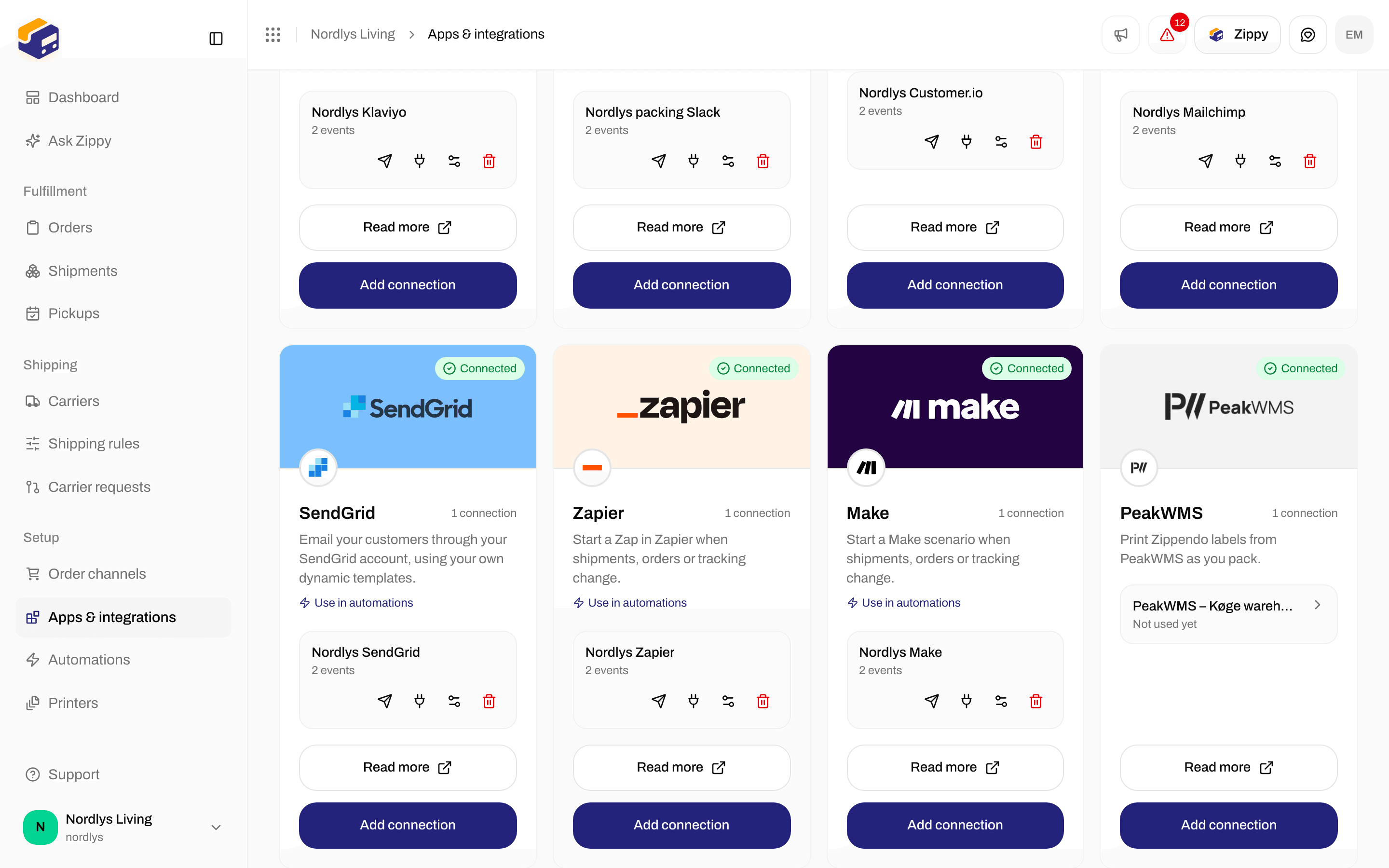 Connected tab with a Zapier connection and the test, delivery log, edit and delete icons