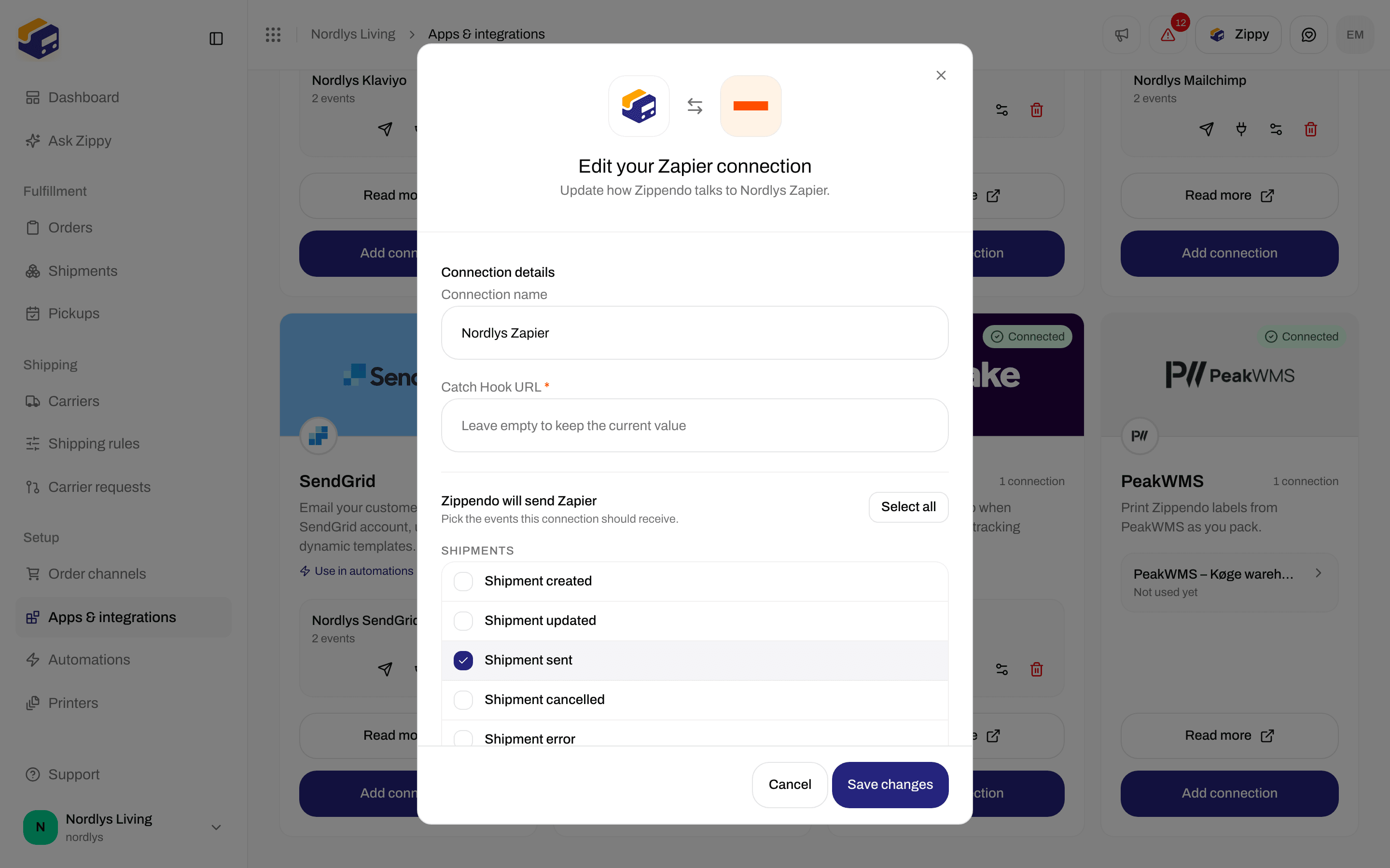 Edit window for a Zapier connection with the connection name, an empty Catch Hook field and the events