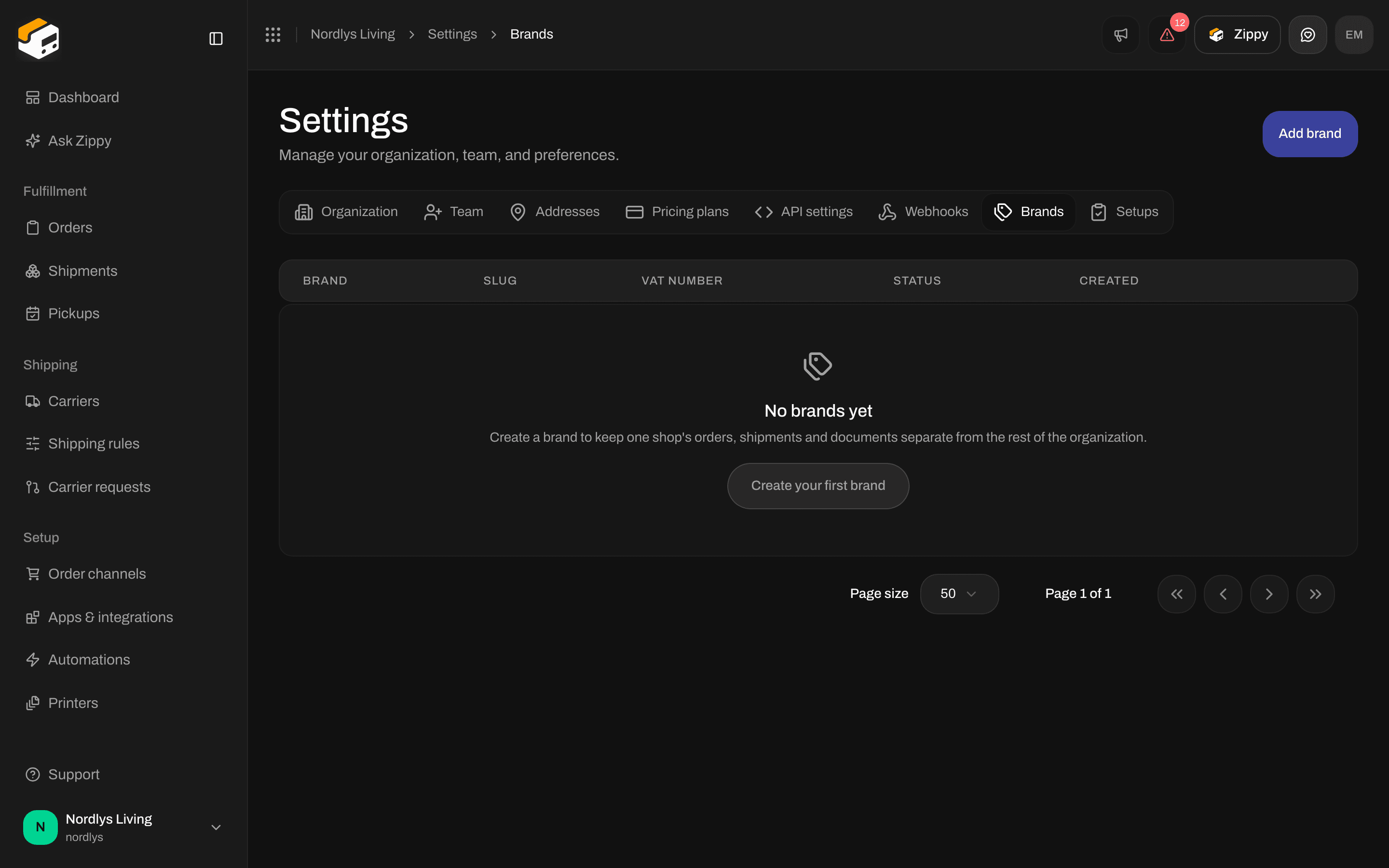 Brands tab empty state with No brands yet and Create your first brand