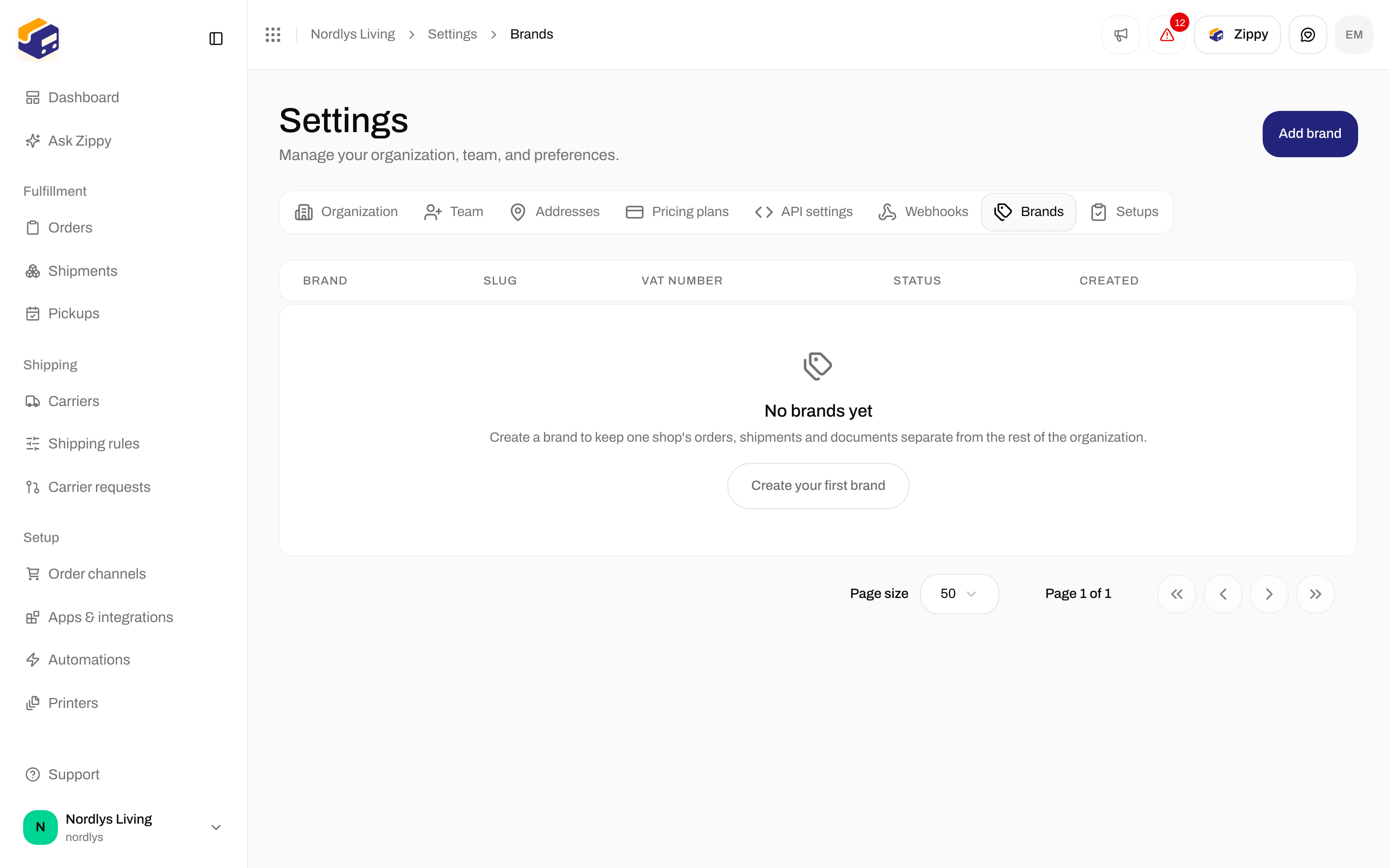Brands tab empty state with No brands yet and Create your first brand