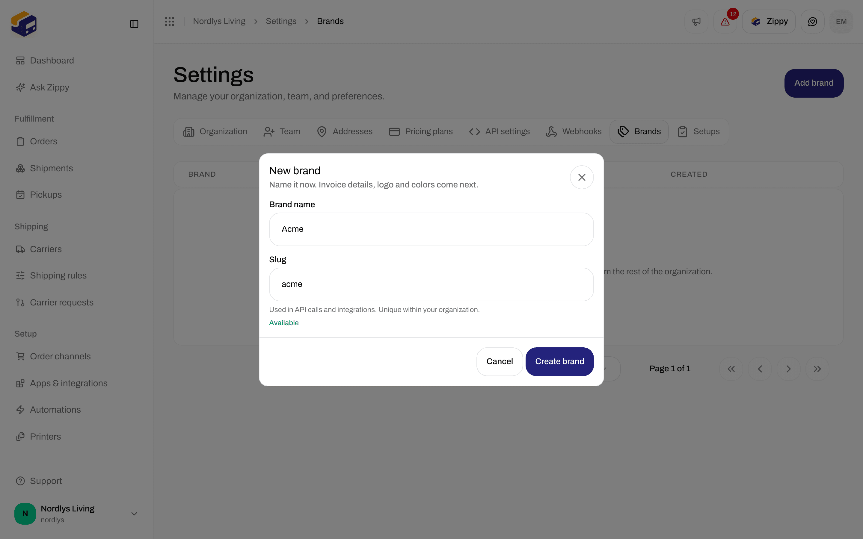 New brand window with Brand name and Slug fields