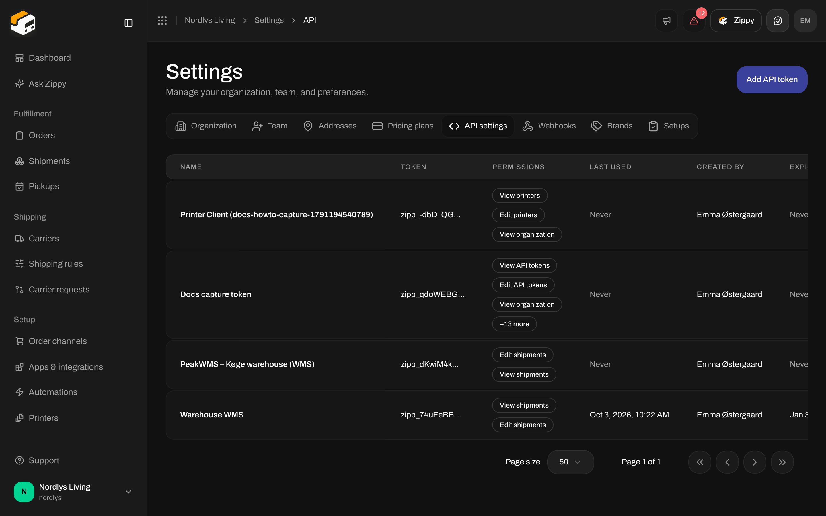 API settings tab with the API tokens list and Add API token in the header