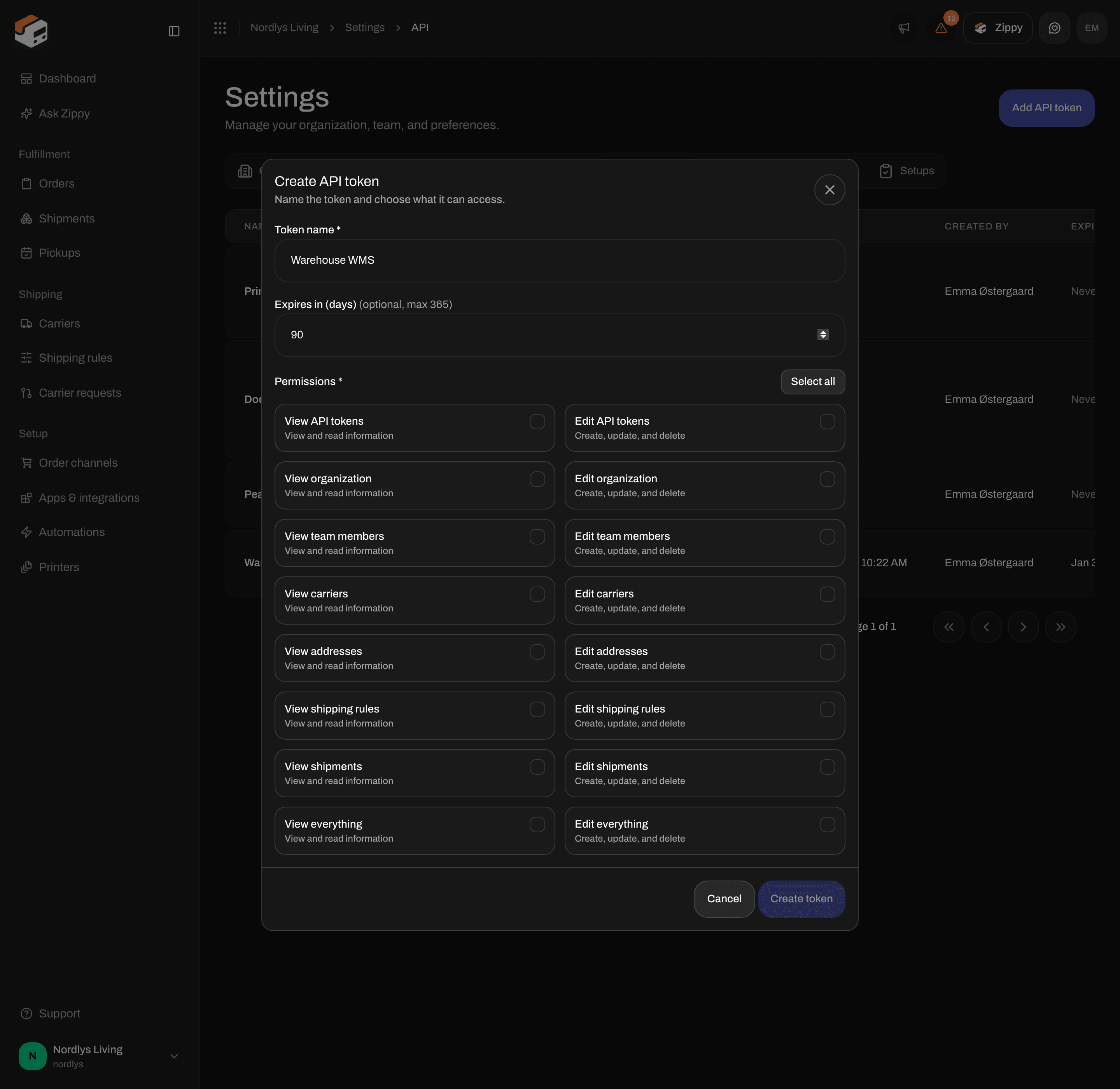 Create API token window with Token name, Expires in (days) and permission checkboxes