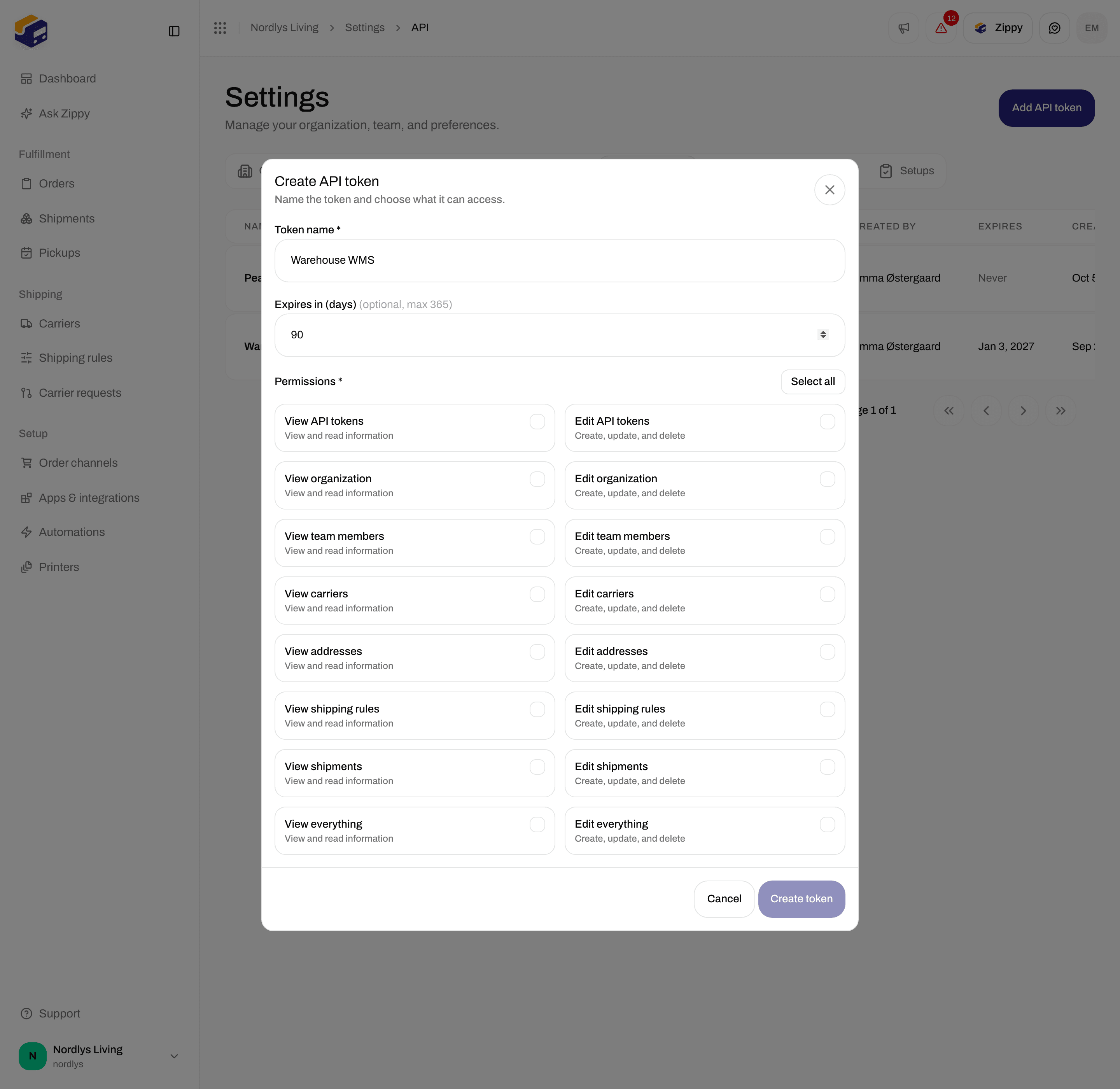 Create API token window with Token name, Expires in (days) and permission checkboxes
