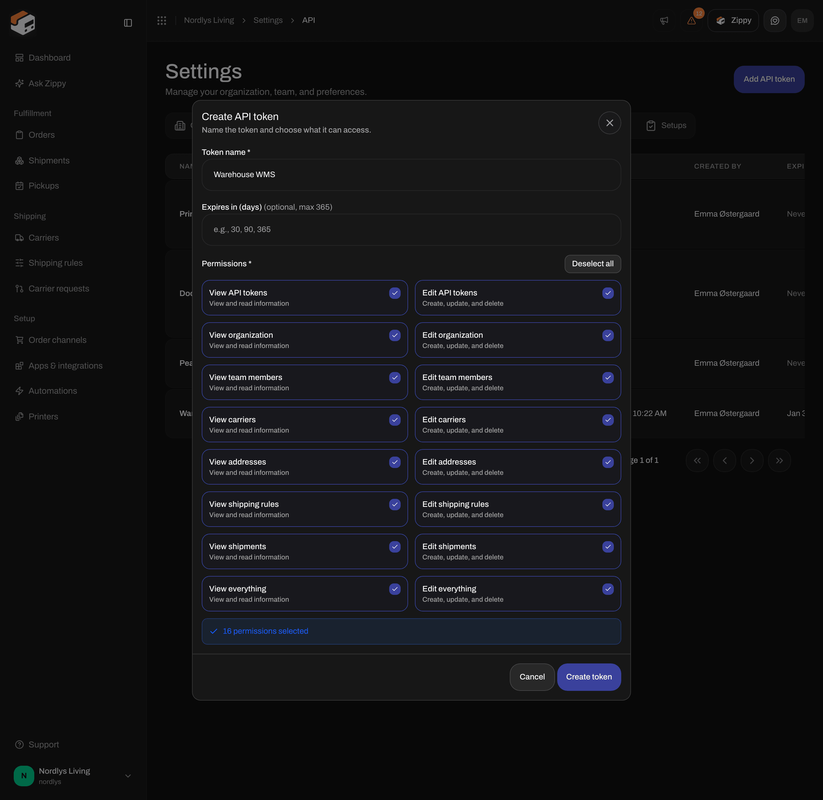Create API token permissions with Read and Write checkboxes, including View everything and Edit everything
