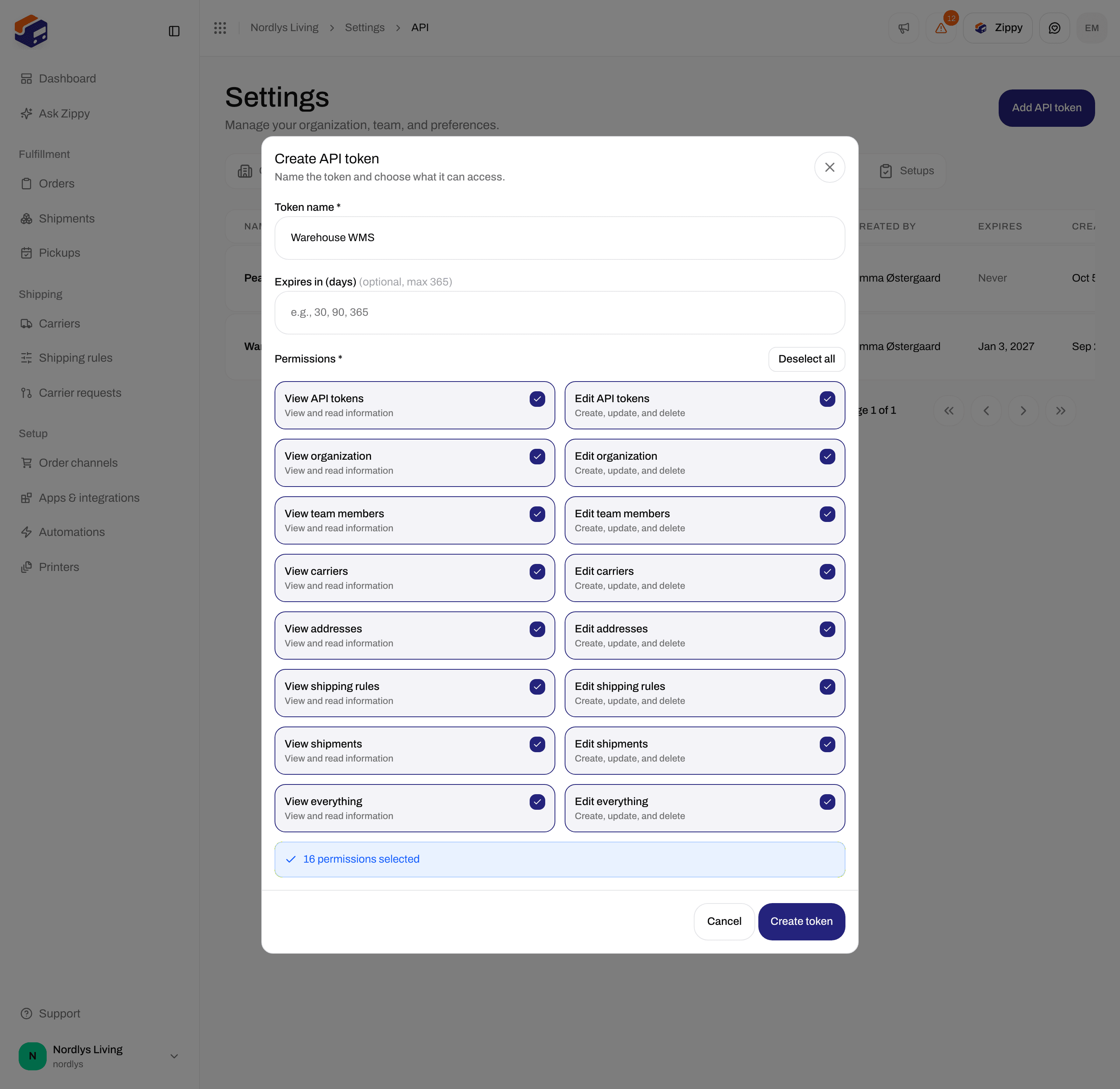 Create API token permissions with Read and Write checkboxes, including View everything and Edit everything