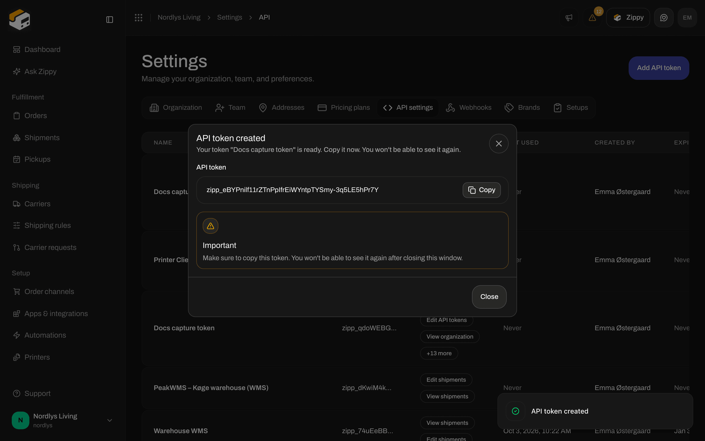 API token created window with the token, a Copy button and an Important warning