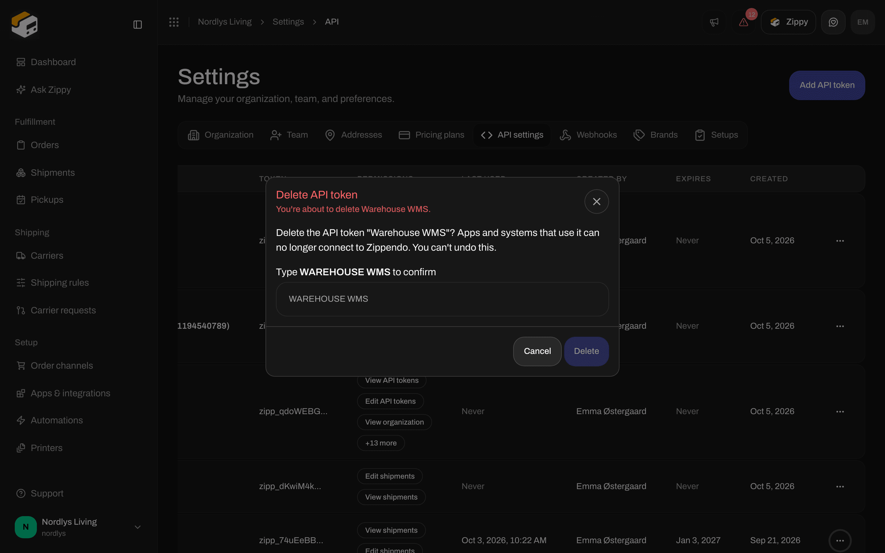 Delete API token window with a field to type the name to confirm