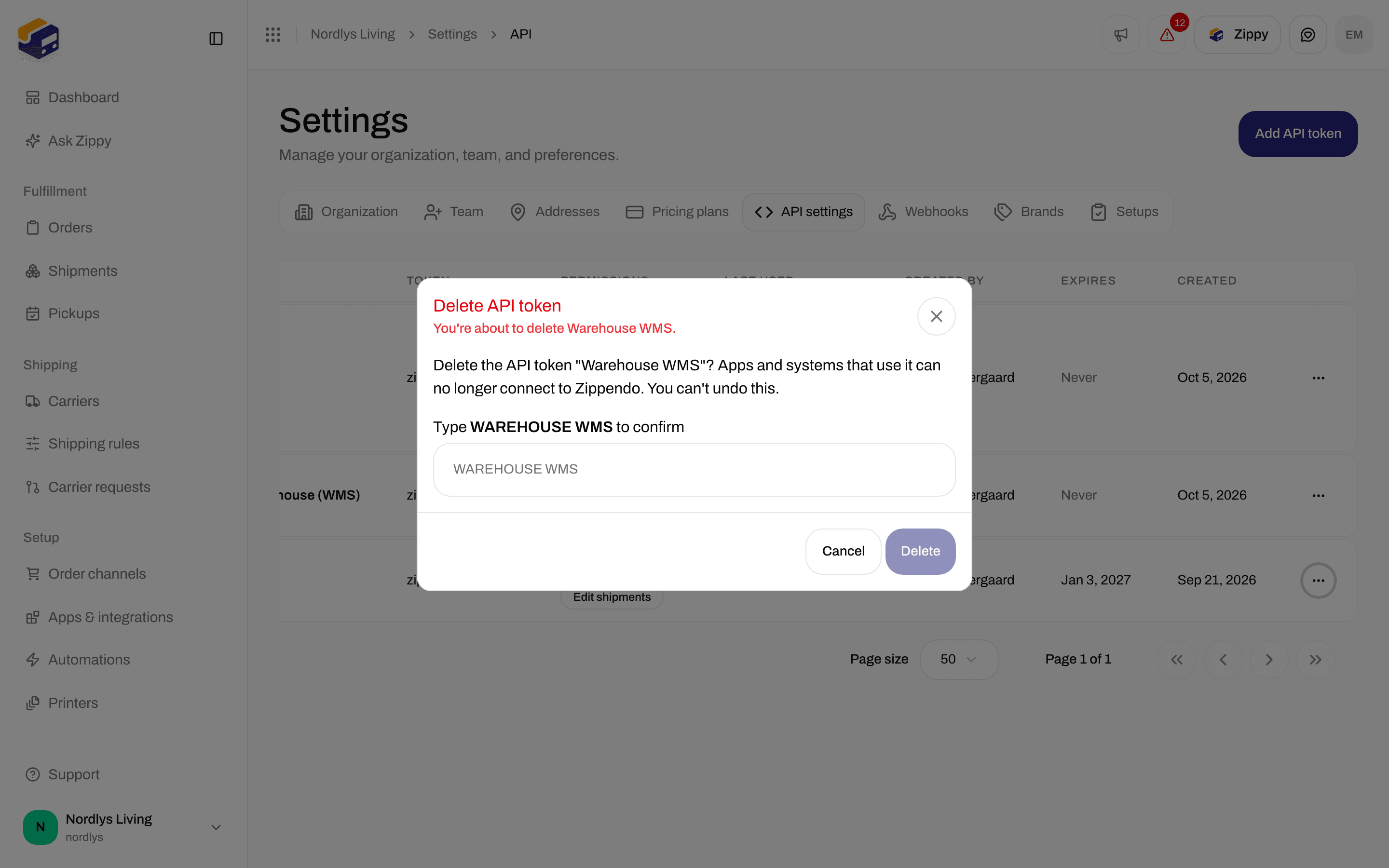 Delete API token window with a field to type the name to confirm