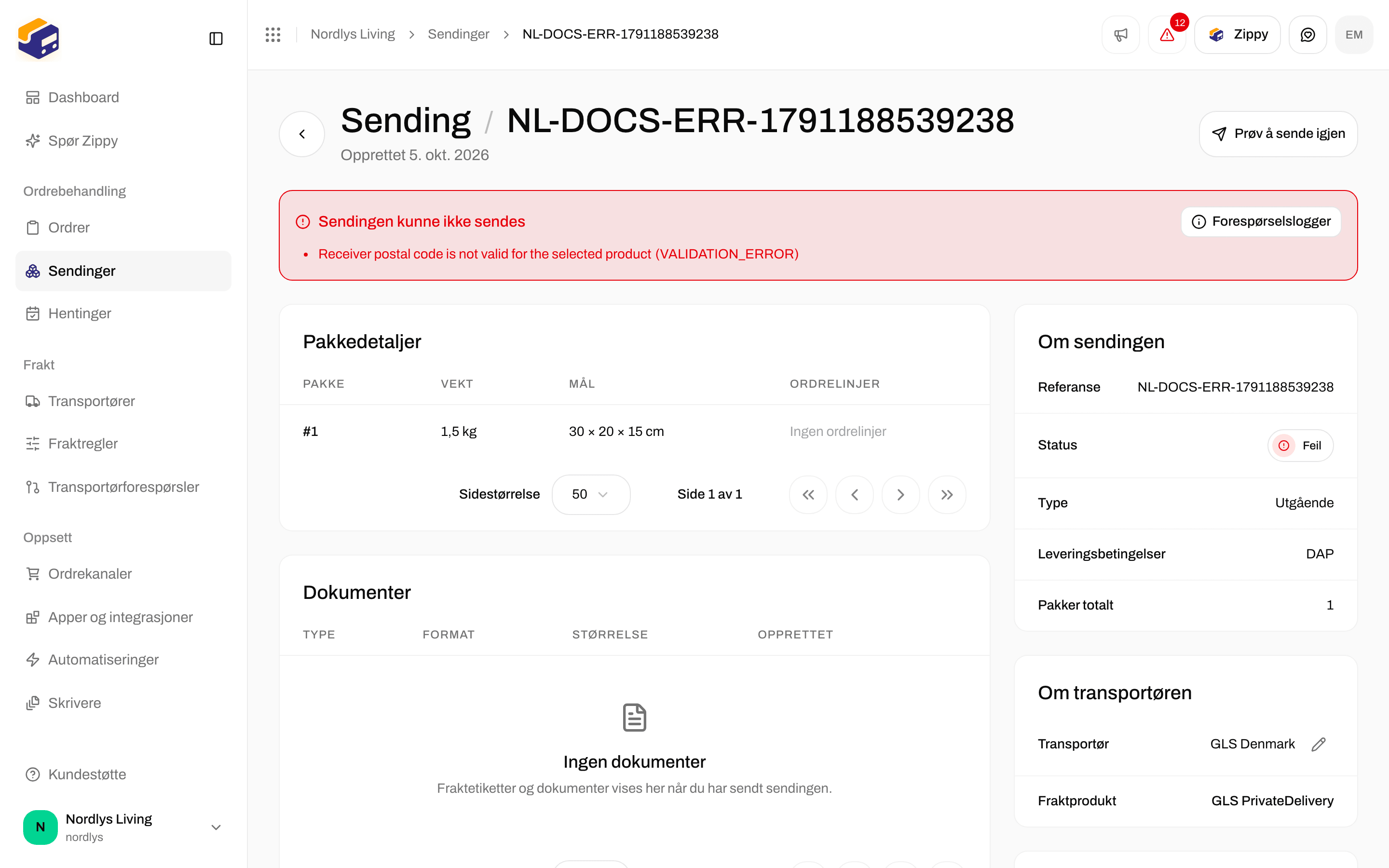Boksen Sendingen kunne ikke sendes med Prøv å sende igjen øverst på siden