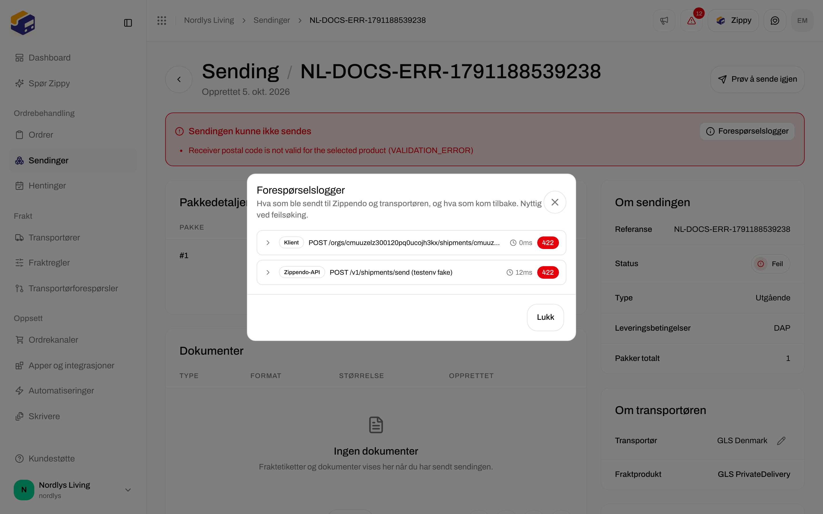 Vinduet Forespørselslogger med forespørsels- og svardata for feilsøking