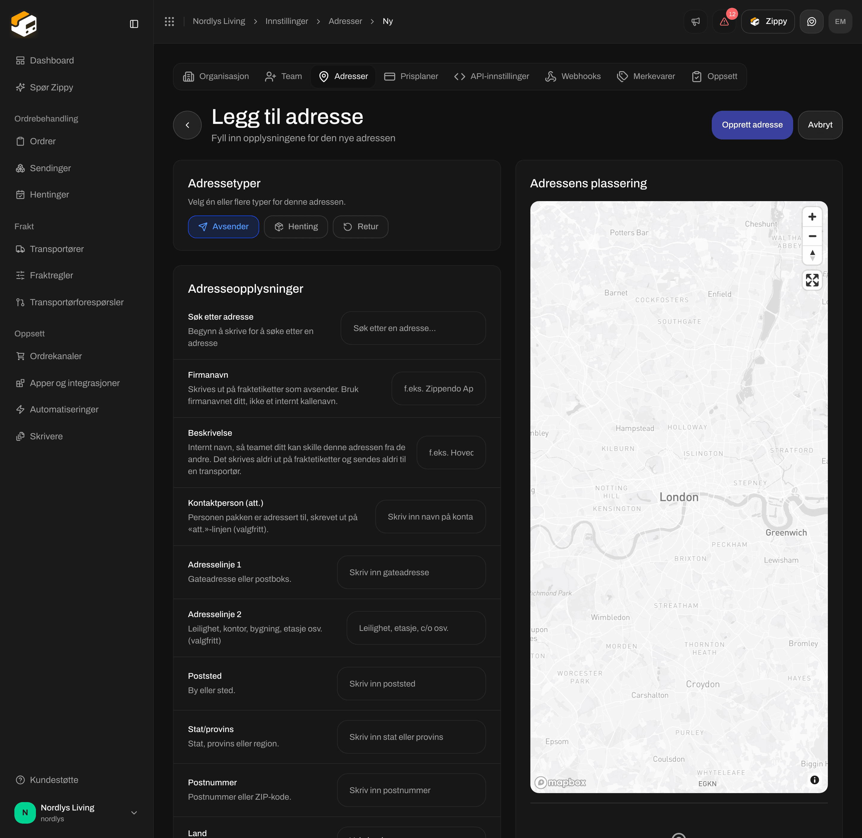Skjemaet Legg til adresse med Adressetyper, Adresseopplysninger og kartet Adressens plassering