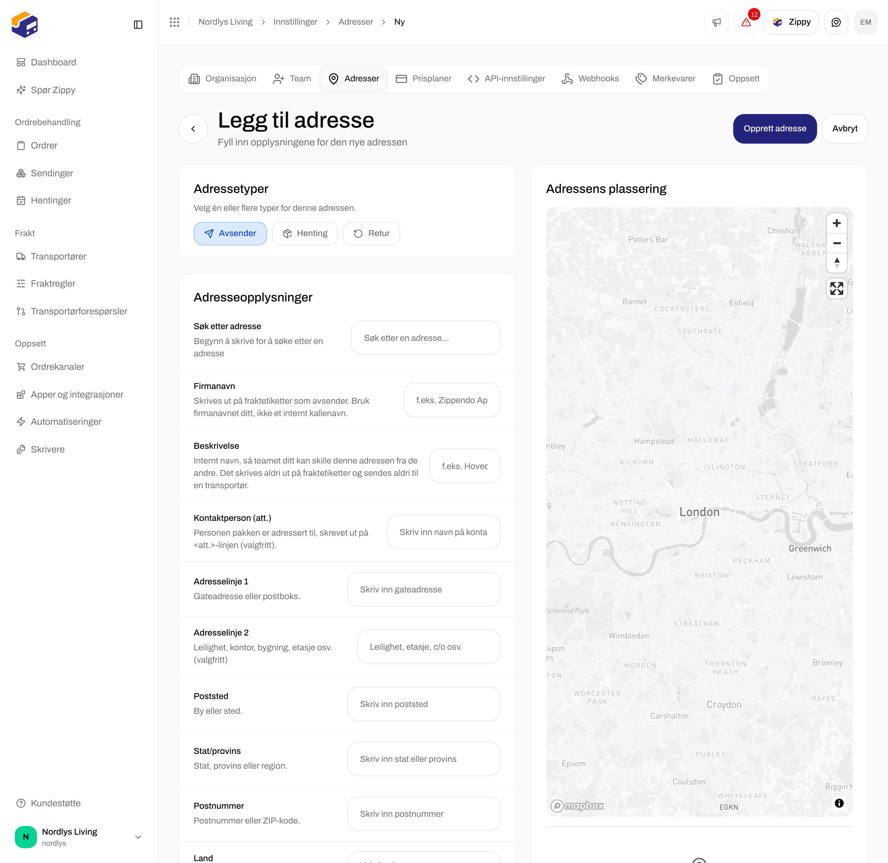 Skjemaet Legg til adresse med Adressetyper, Adresseopplysninger og kartet Adressens plassering