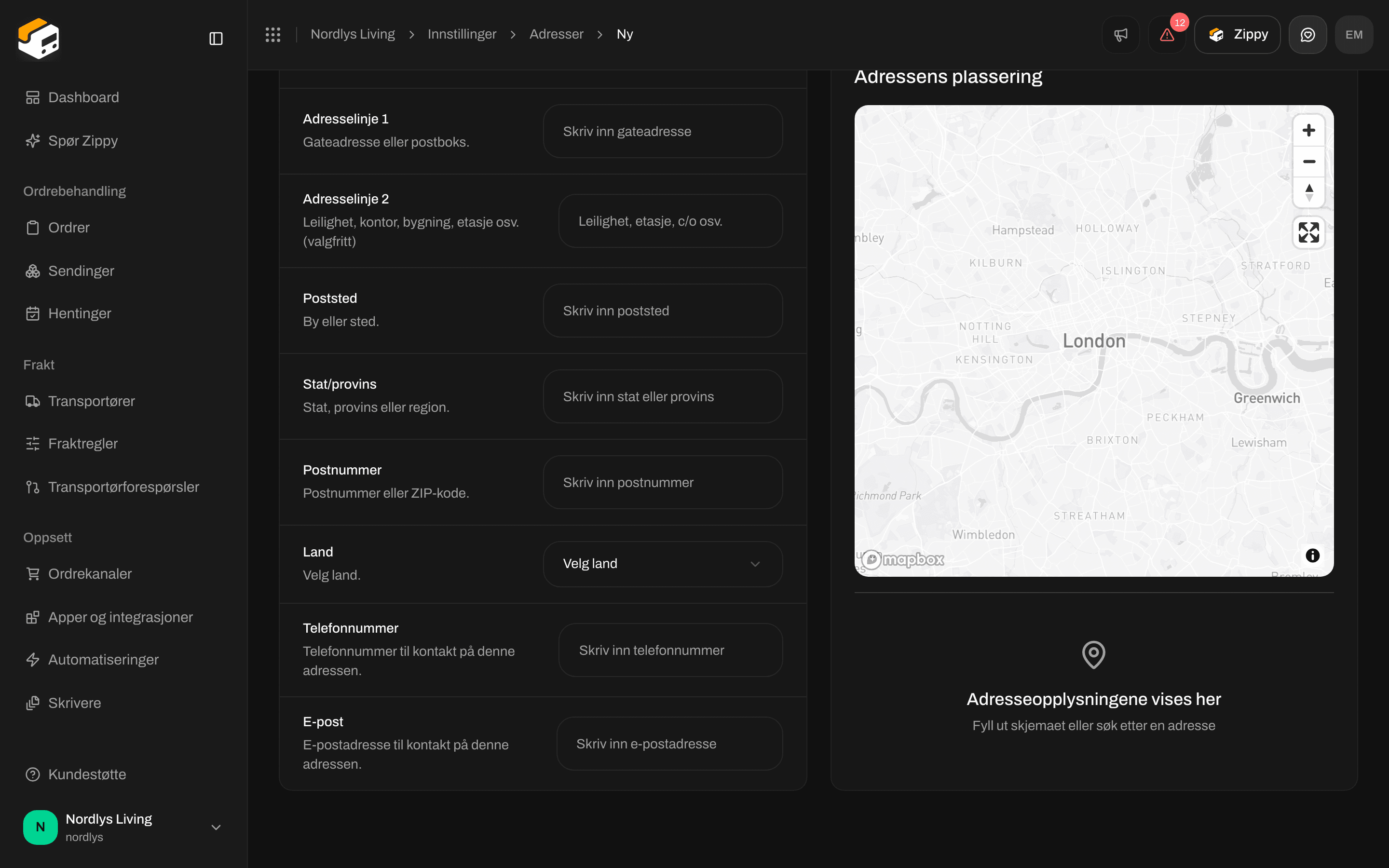 De resterende feltene i Legg til adresse: Adresselinje 2, Poststed, Stat/provins, Postnummer, Land, Telefonnummer, E-post