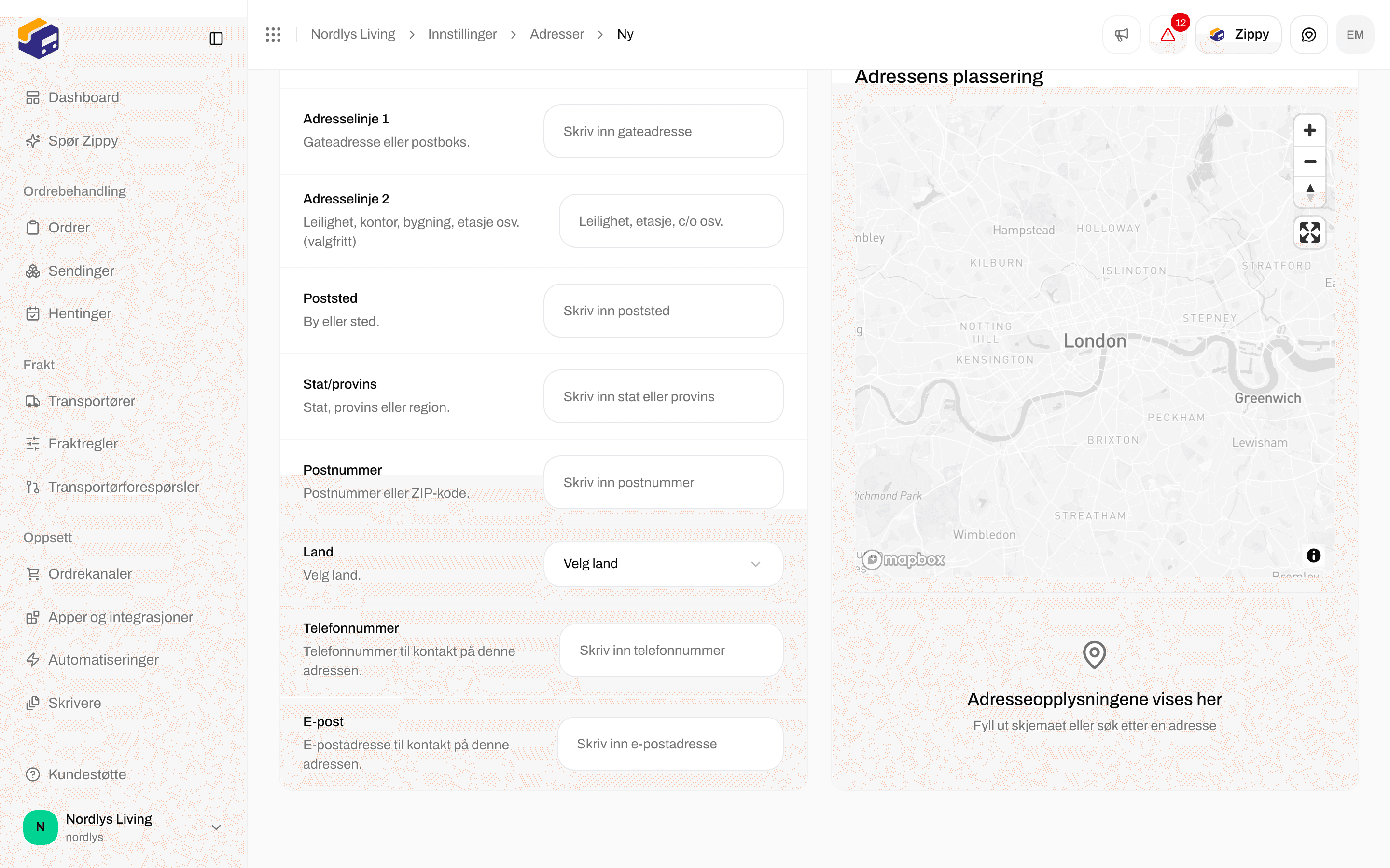 De resterende feltene i Legg til adresse: Adresselinje 2, Poststed, Stat/provins, Postnummer, Land, Telefonnummer, E-post