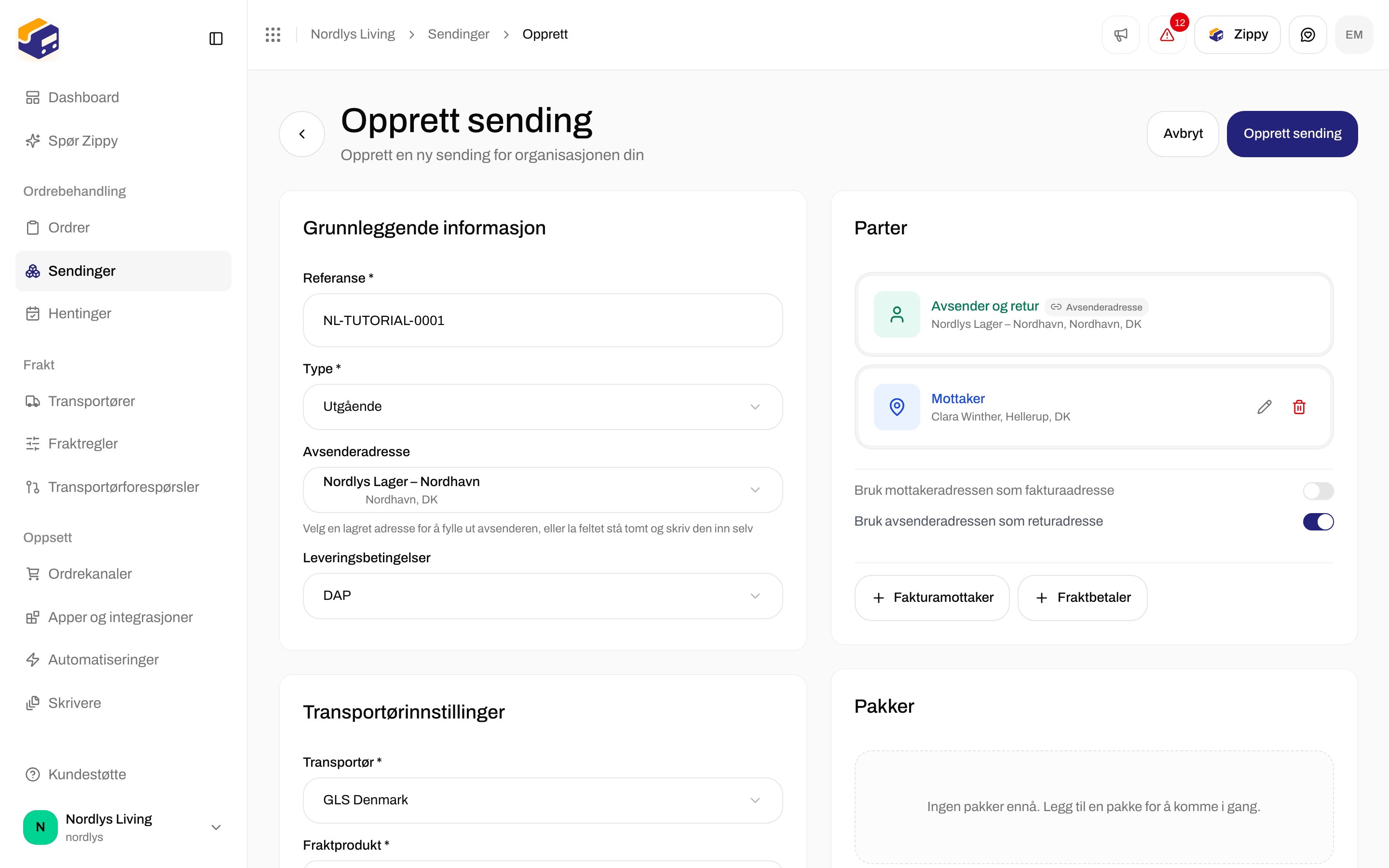 Kortet Parter med Avsender og Retur låst fra avsenderadressen, en Mottaker-rad og bryterne for samme adresse