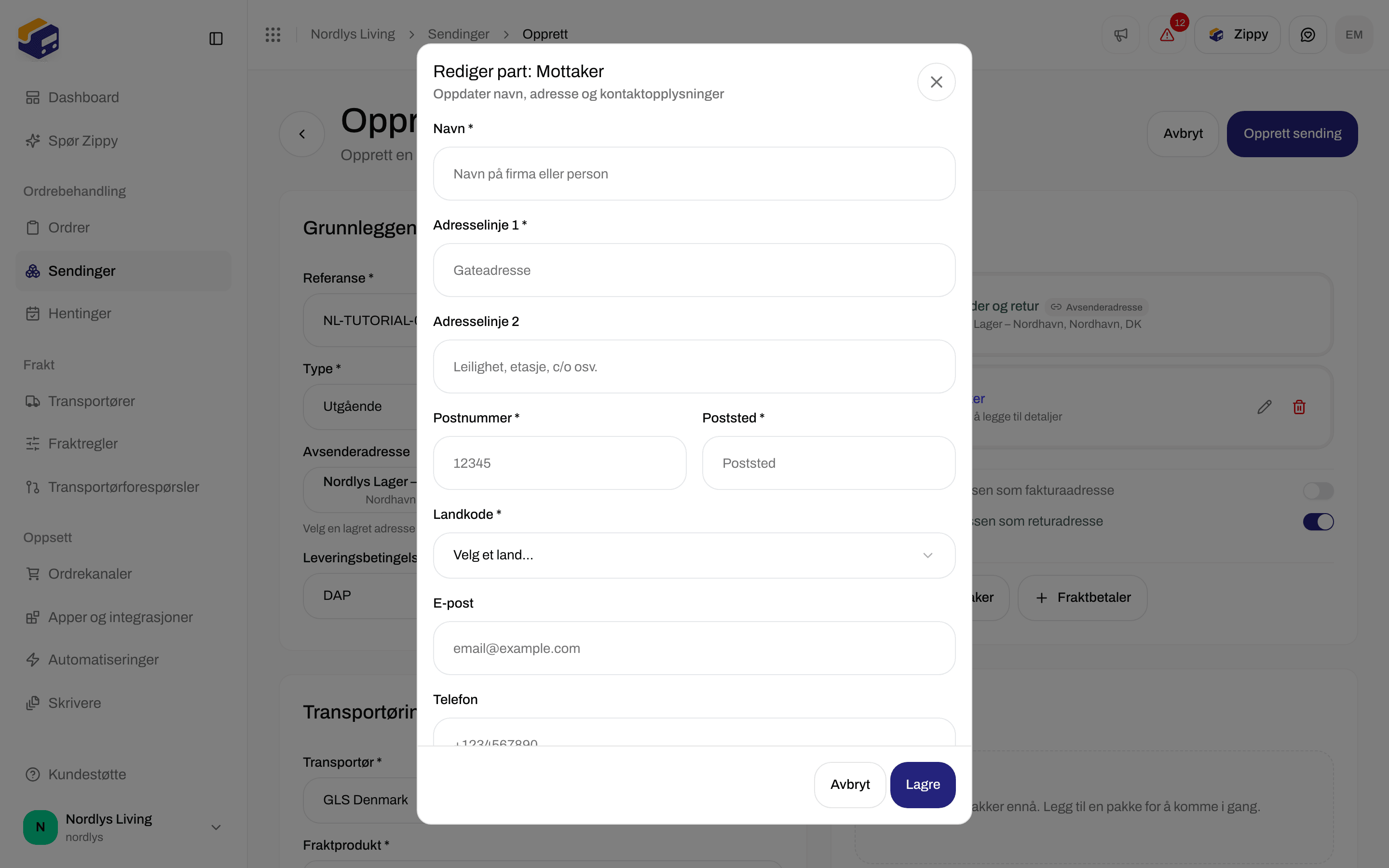 Vinduet Rediger part: Mottaker med navn, adresse, postnummer, poststed, landvelger, e-post og telefon