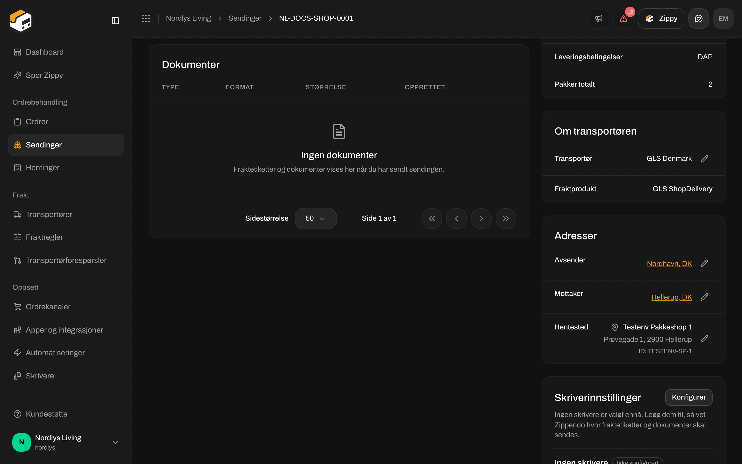 Sendingens Adresser med radene Avsender og Mottaker og blyantknapper