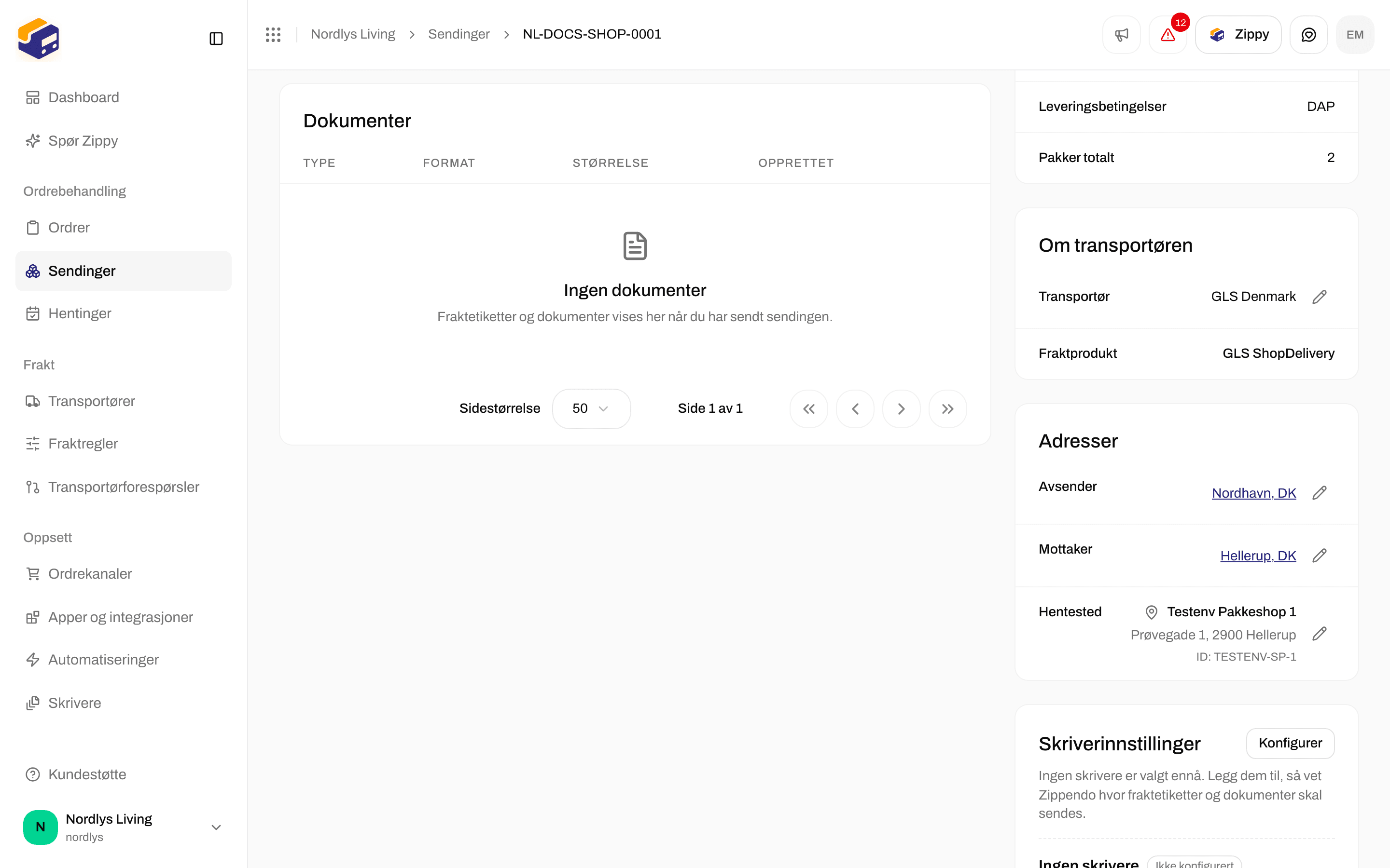 Sendingens Adresser med radene Avsender og Mottaker og blyantknapper