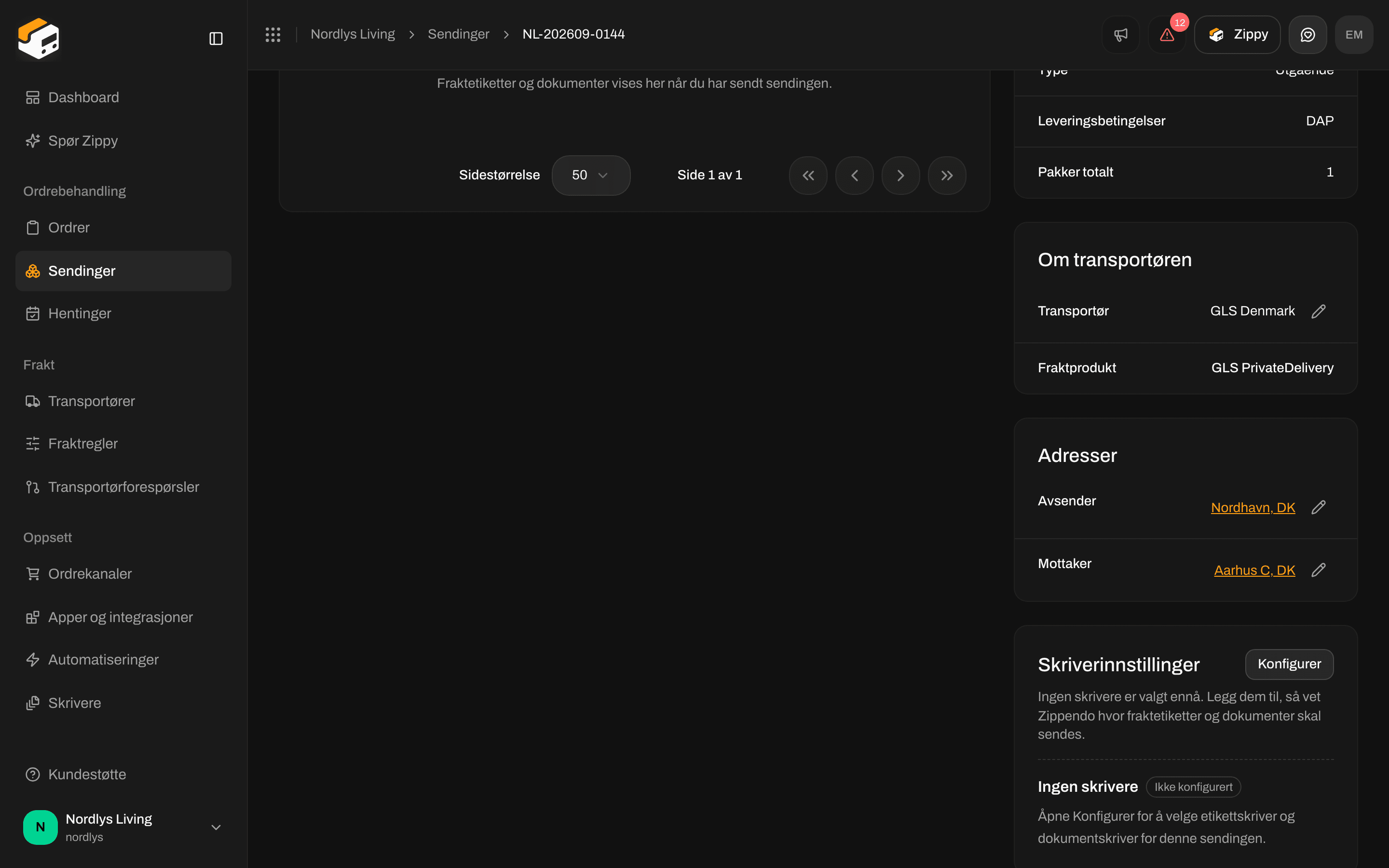 Boksen Skriverinnstillinger på en sending som viser Ingen skrivere og Ikke konfigurert