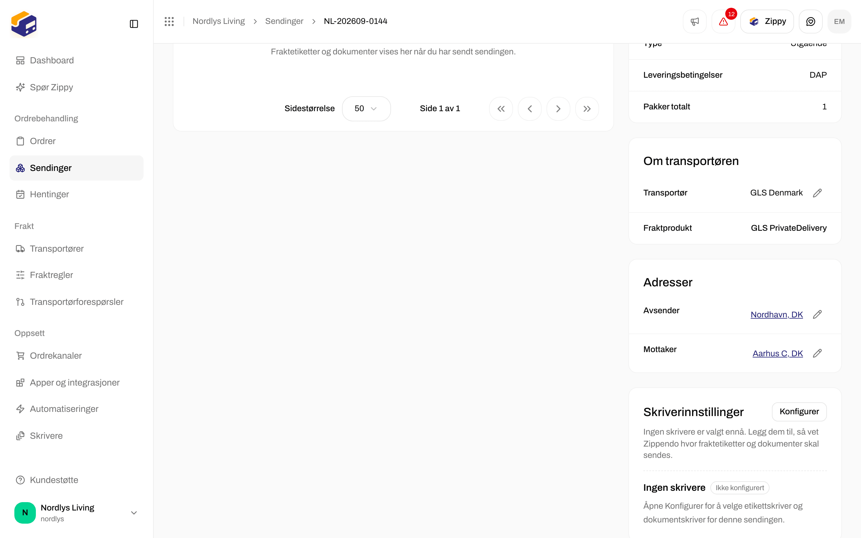 Boksen Skriverinnstillinger på en sending som viser Ingen skrivere og Ikke konfigurert