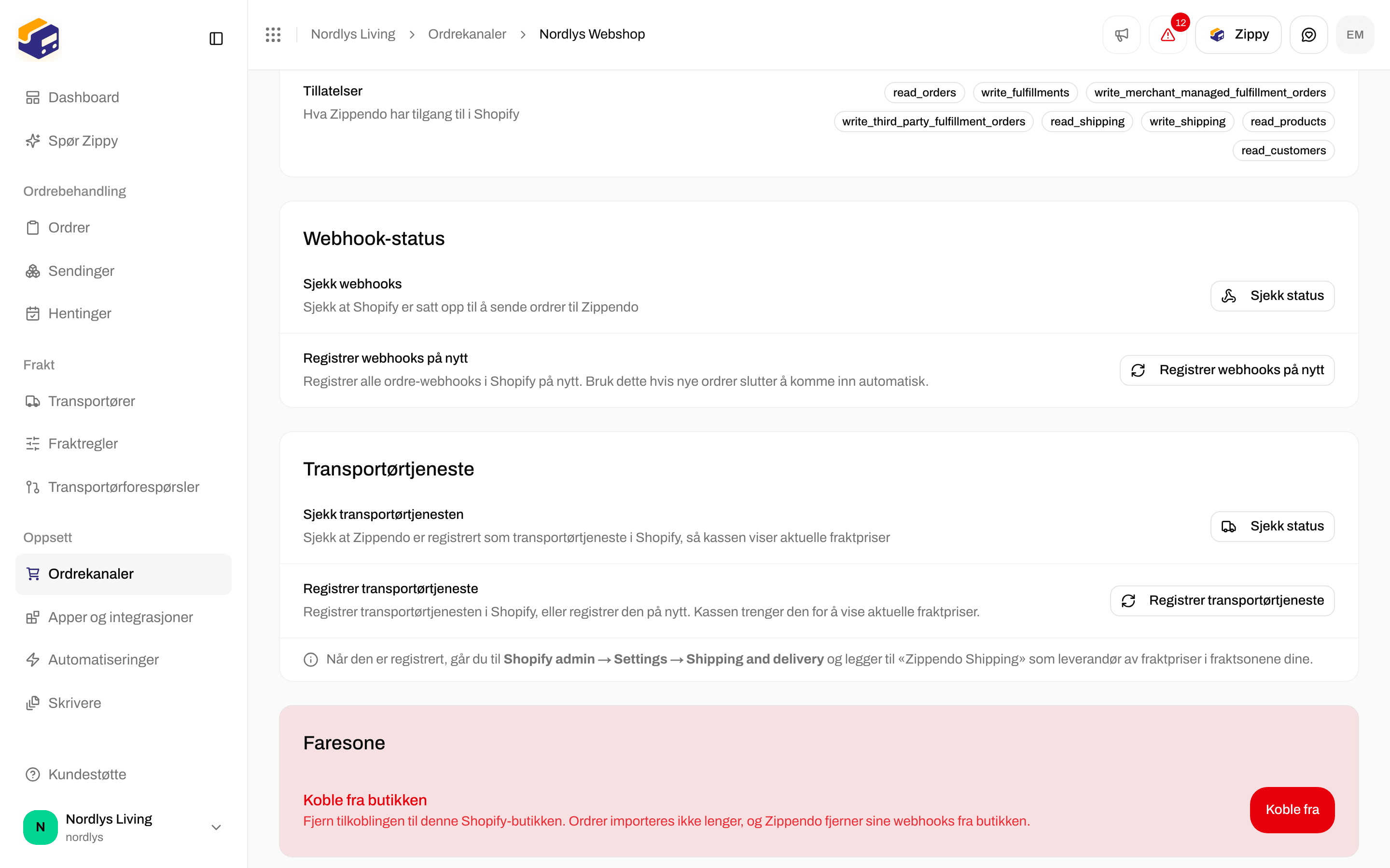 Fanen Tilkobling og integrasjon i Shopify med kortet Transportørtjeneste, Sjekk status og Registrer transportørtjeneste