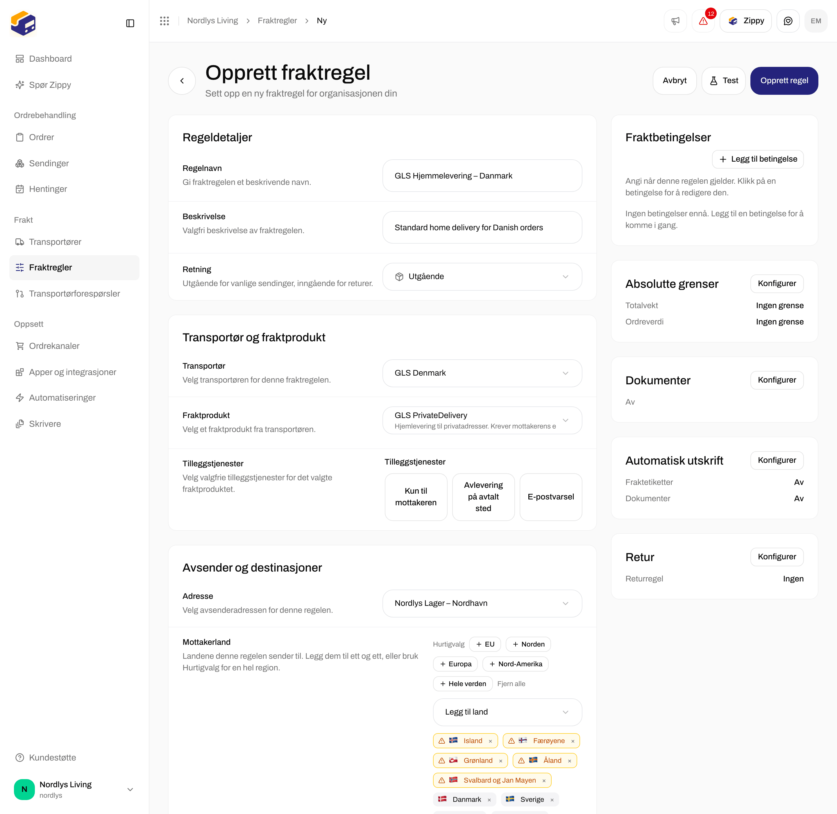 Skjemaet Opprett fraktregel med GLS Denmark, GLS PrivateDelivery og Norden som land