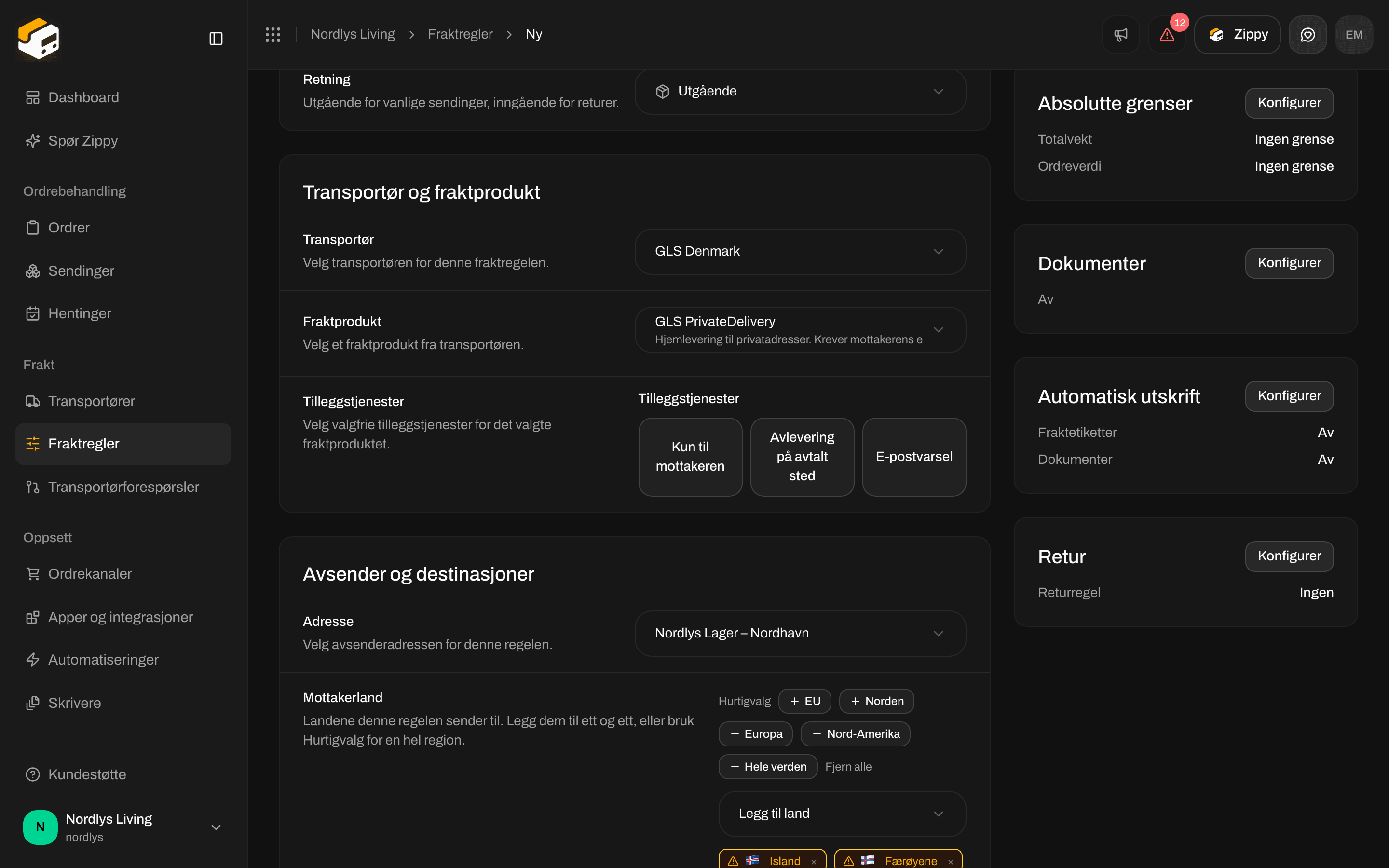 Absolutte grenser med Minimum og Maksimum for totalvekt og ordreverdi