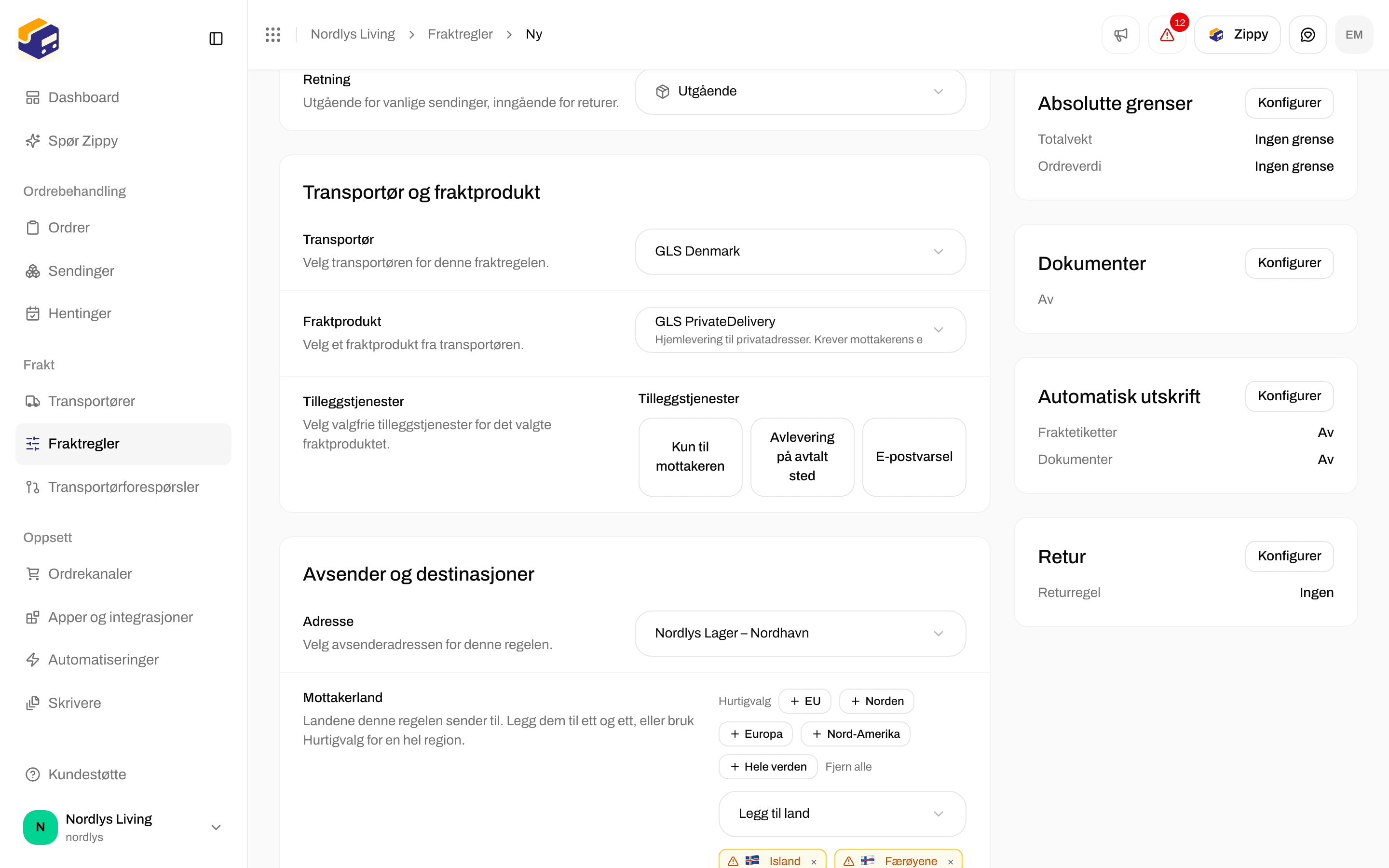 Absolutte grenser med Minimum og Maksimum for totalvekt og ordreverdi