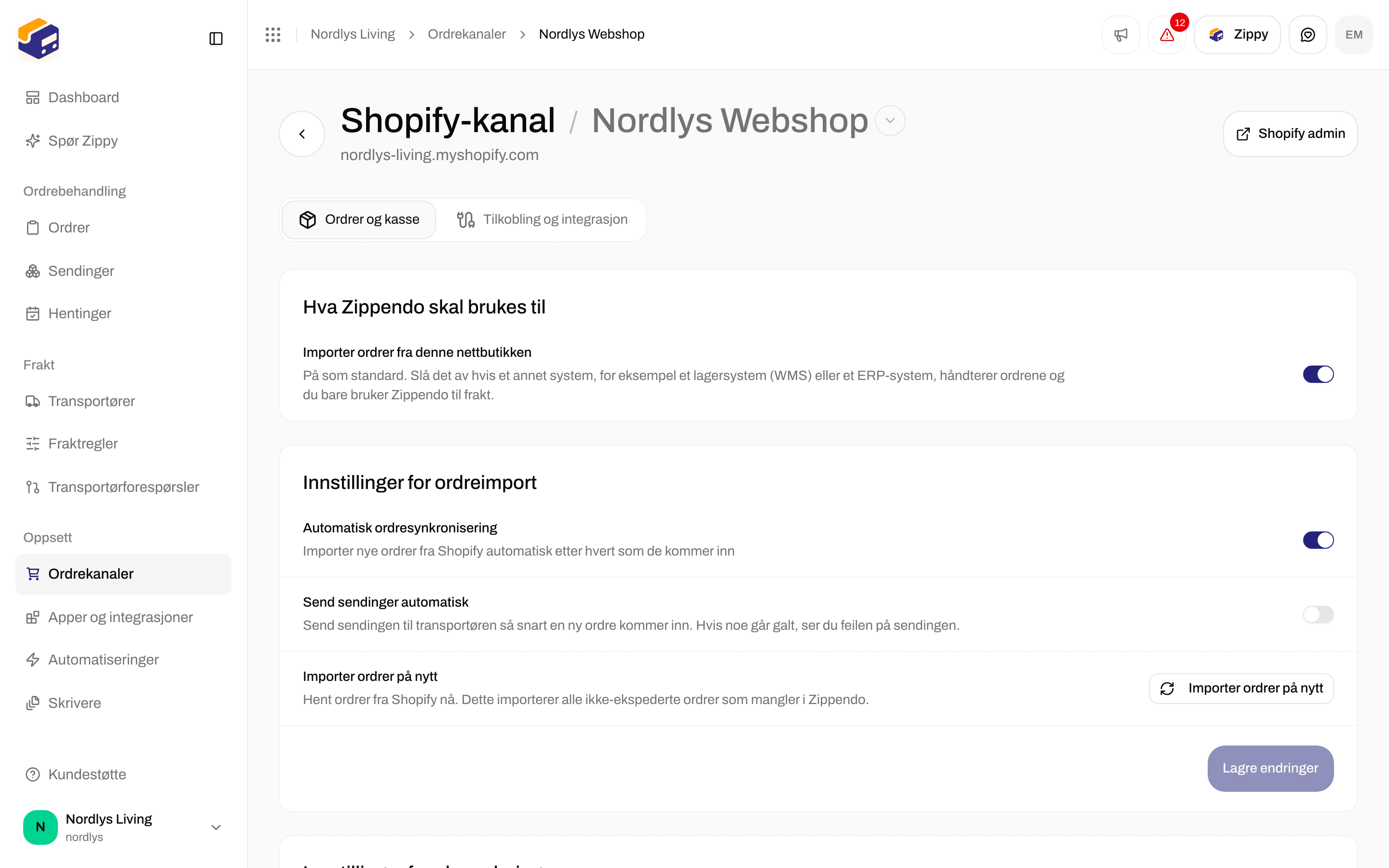 Fanen Ordrer og kasse i Shopify med bryterne for ordreimport og ekspedering