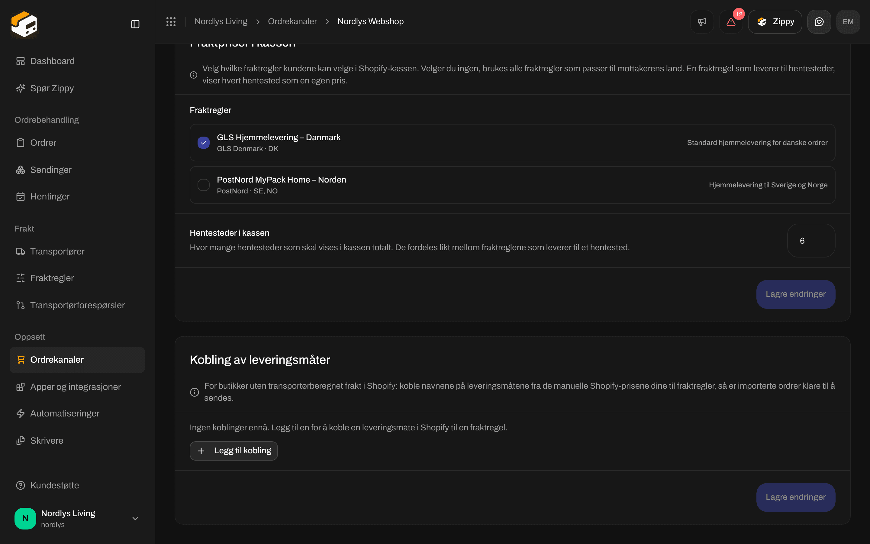 Kobling av leveringsmåter uten noen koblinger ennå og knappen Legg til kobling