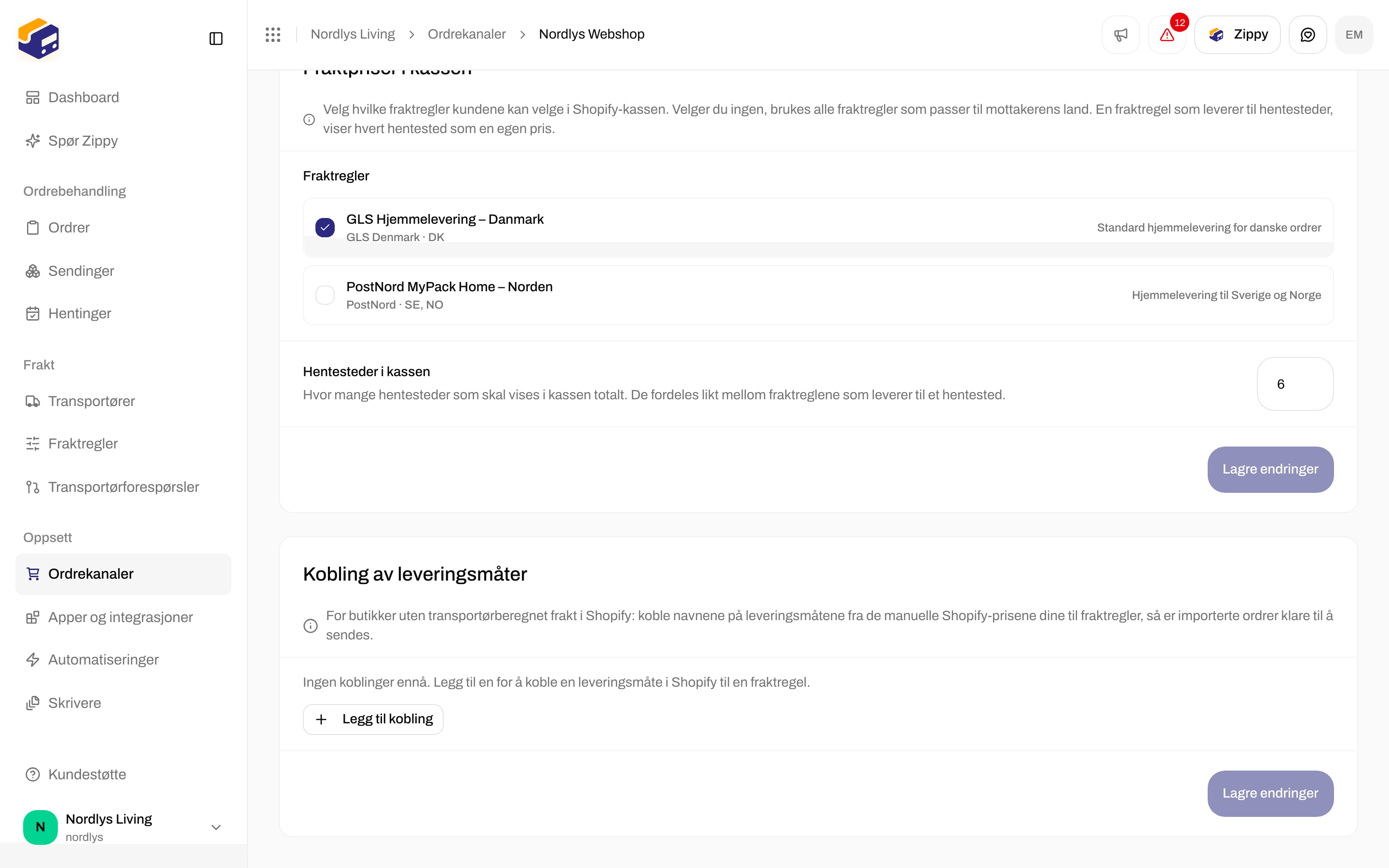 Kobling av leveringsmåter uten noen koblinger ennå og knappen Legg til kobling