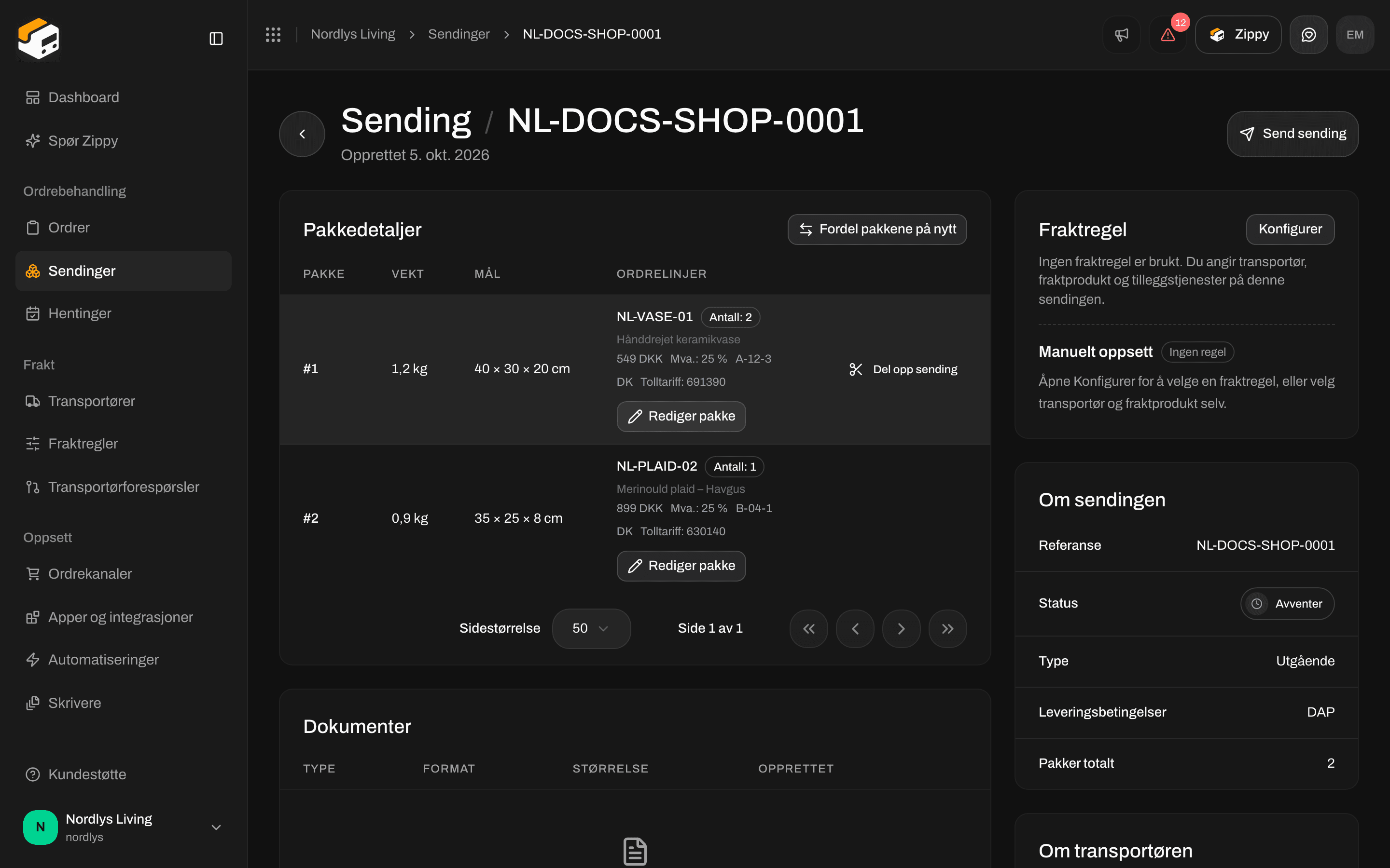 Pakkedetaljer med to pakker, Del opp sending, Fordel pakkene på nytt og Rediger pakke