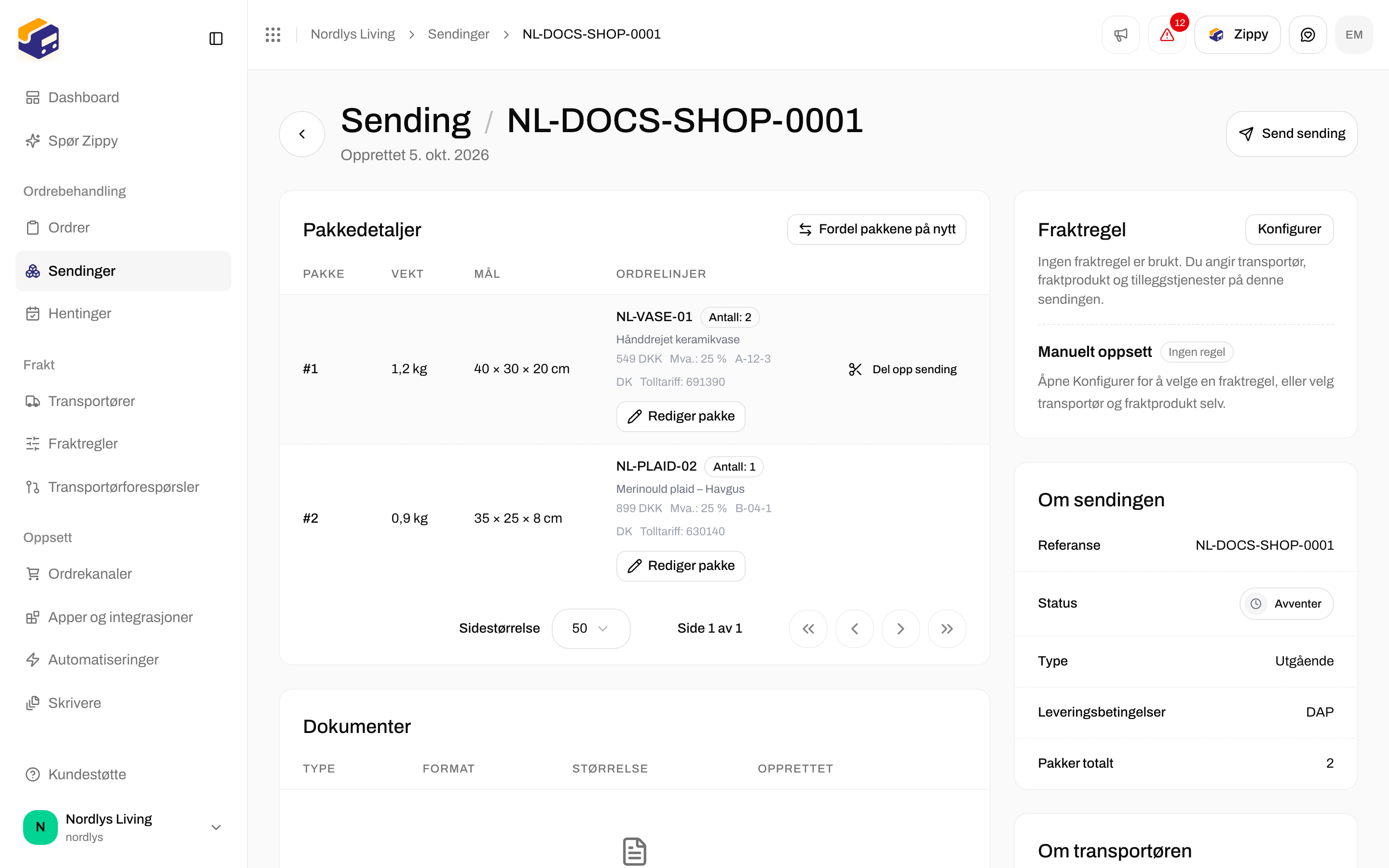 Pakkedetaljer med to pakker, Del opp sending, Fordel pakkene på nytt og Rediger pakke