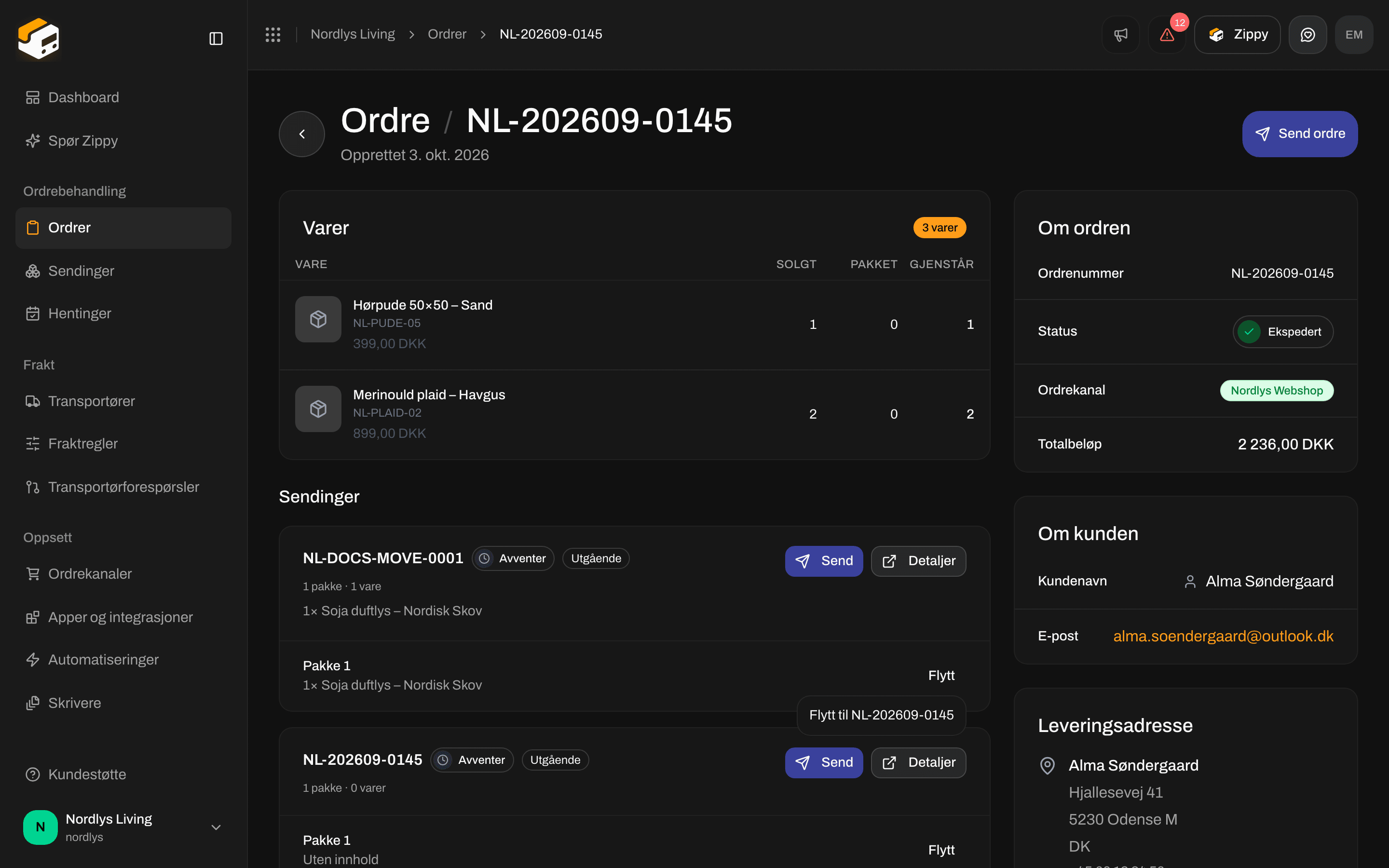 Sendingskort for ordren med listen Flytt som viser referansen til en annen sending