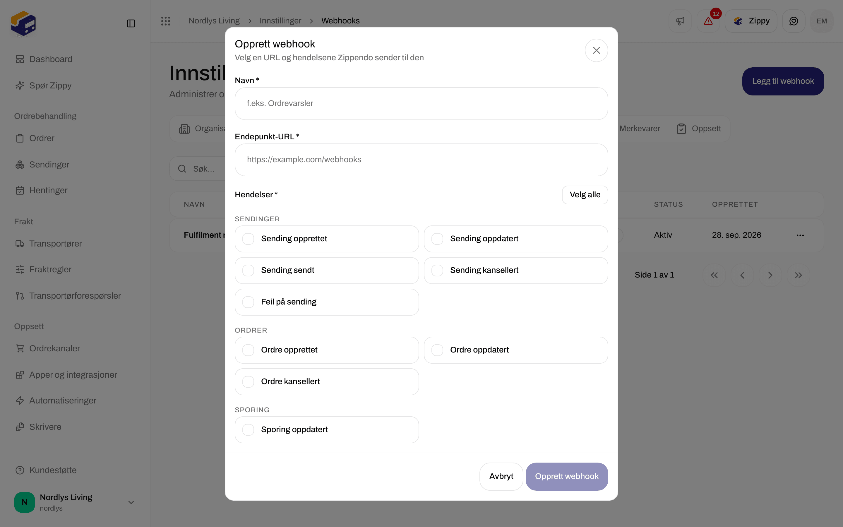 Vinduet for å opprette en webhook rullet ned til gruppen Sporing med hendelsen Sporing oppdatert