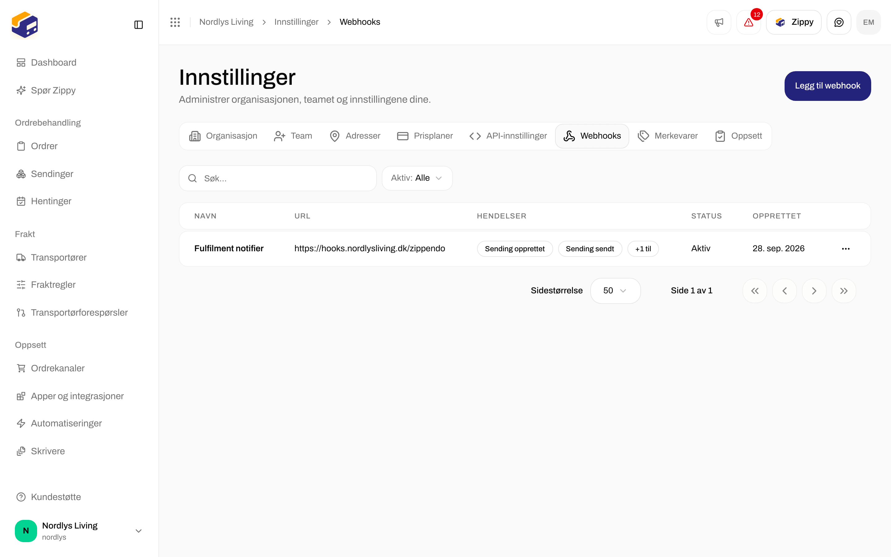 Fanen Webhooks i Innstillinger med én webhook i listen og Legg til webhook i toppen