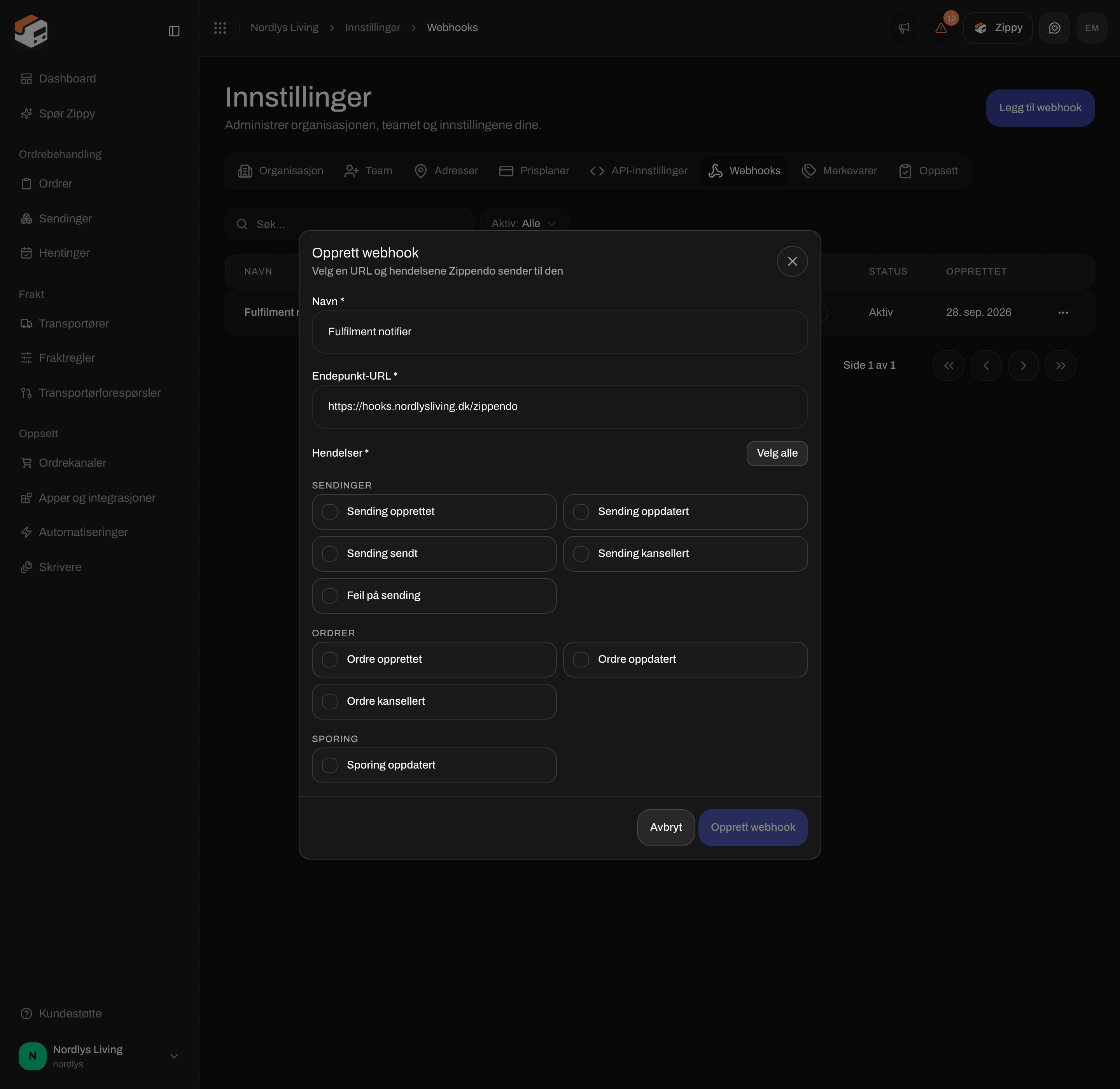Vinduet Opprett webhook med Navn, Endpoint URL, Velg alle og avkrysningsboksene for sendingshendelser