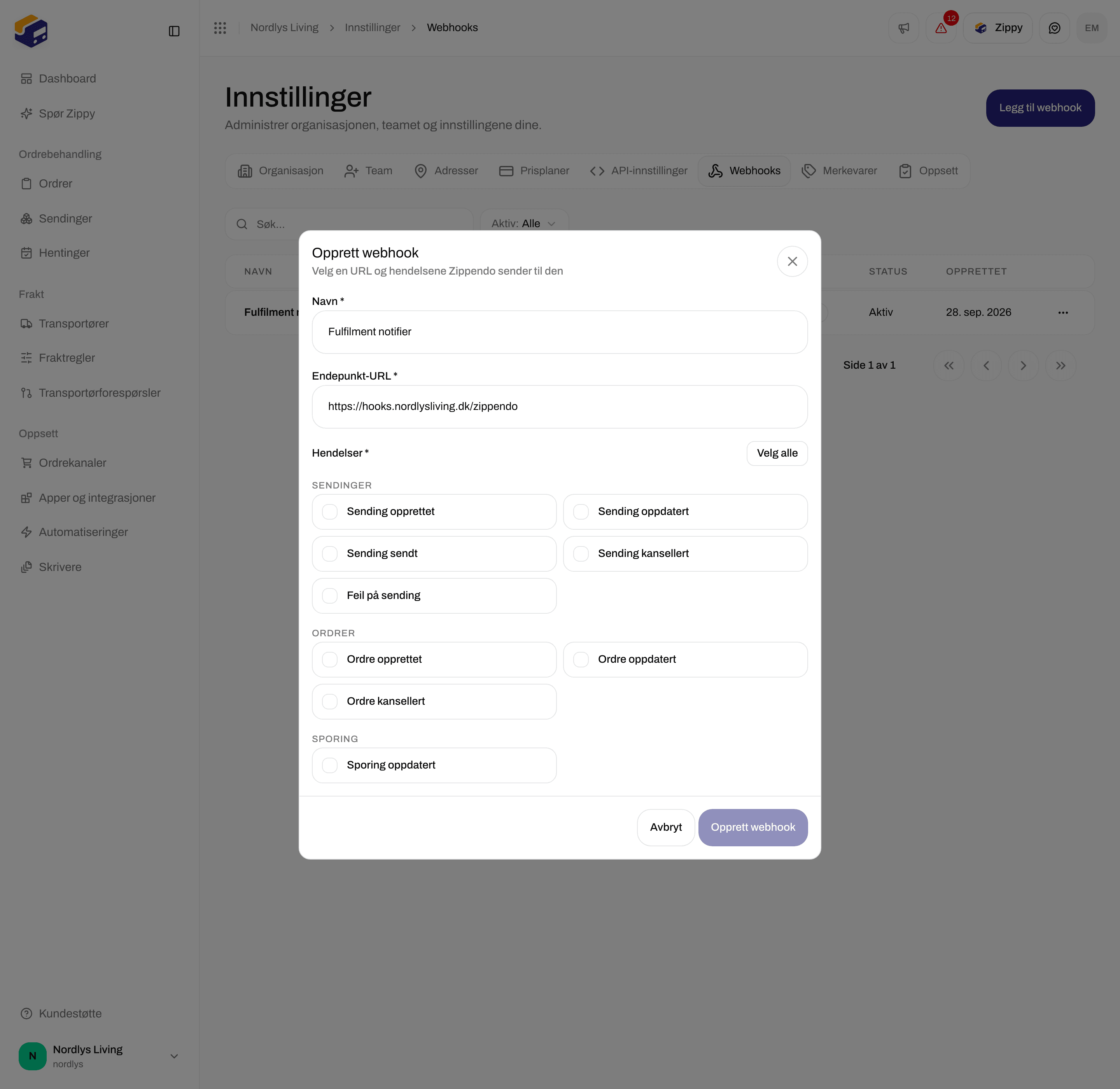 Vinduet Opprett webhook med Navn, Endpoint URL, Velg alle og avkrysningsboksene for sendingshendelser