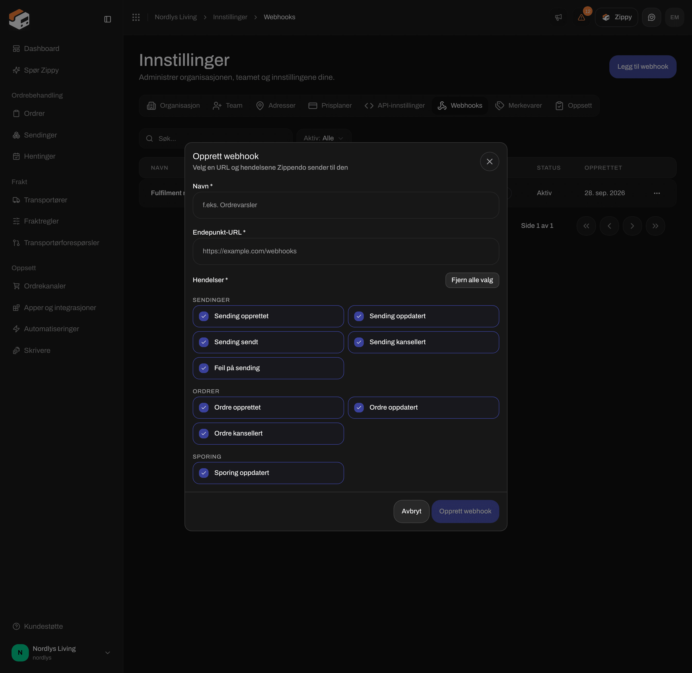 Vinduet Opprett webhook med alle ni hendelser avkrysset, inkludert Sporing oppdatert