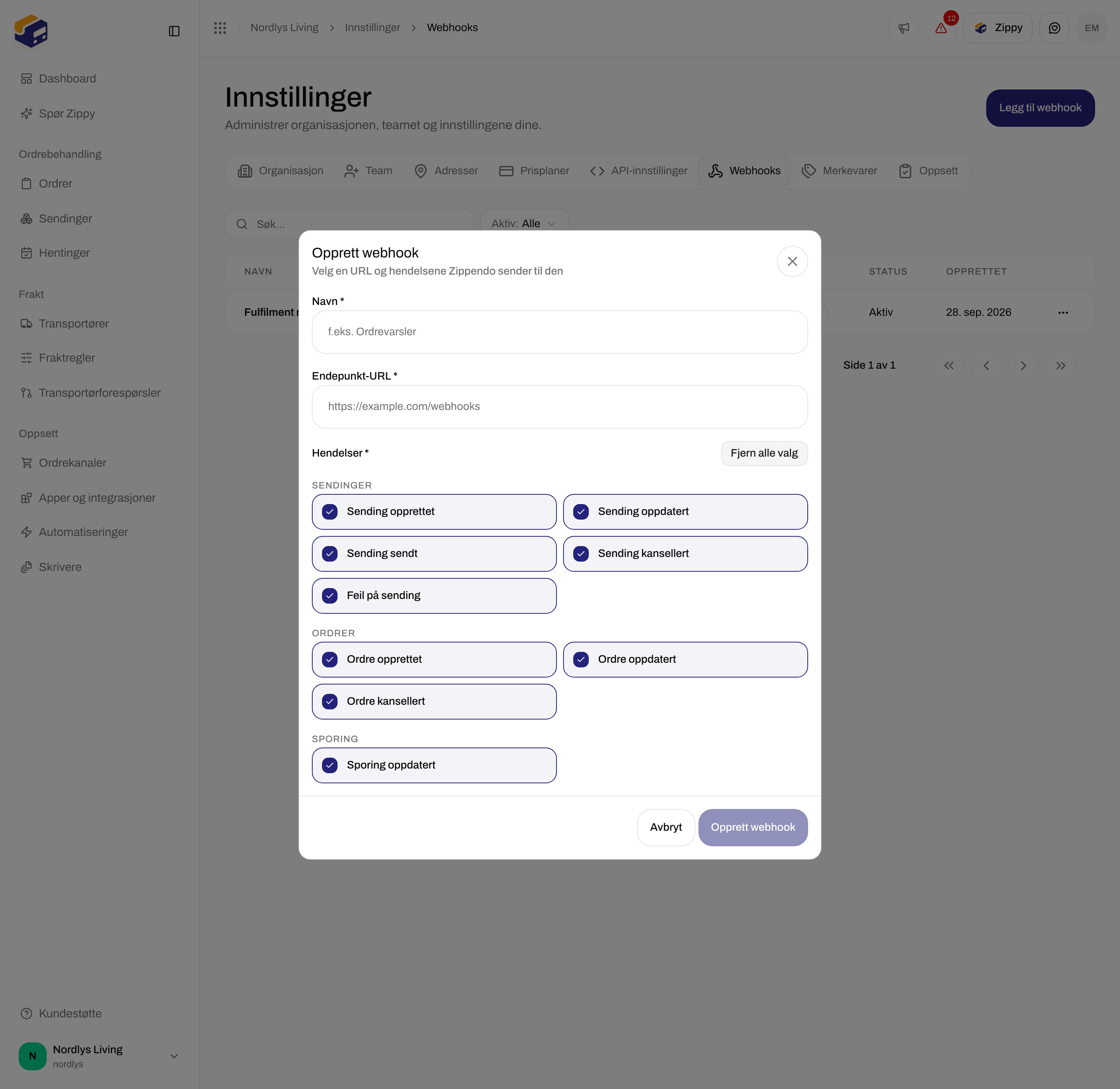 Vinduet Opprett webhook med alle ni hendelser avkrysset, inkludert Sporing oppdatert