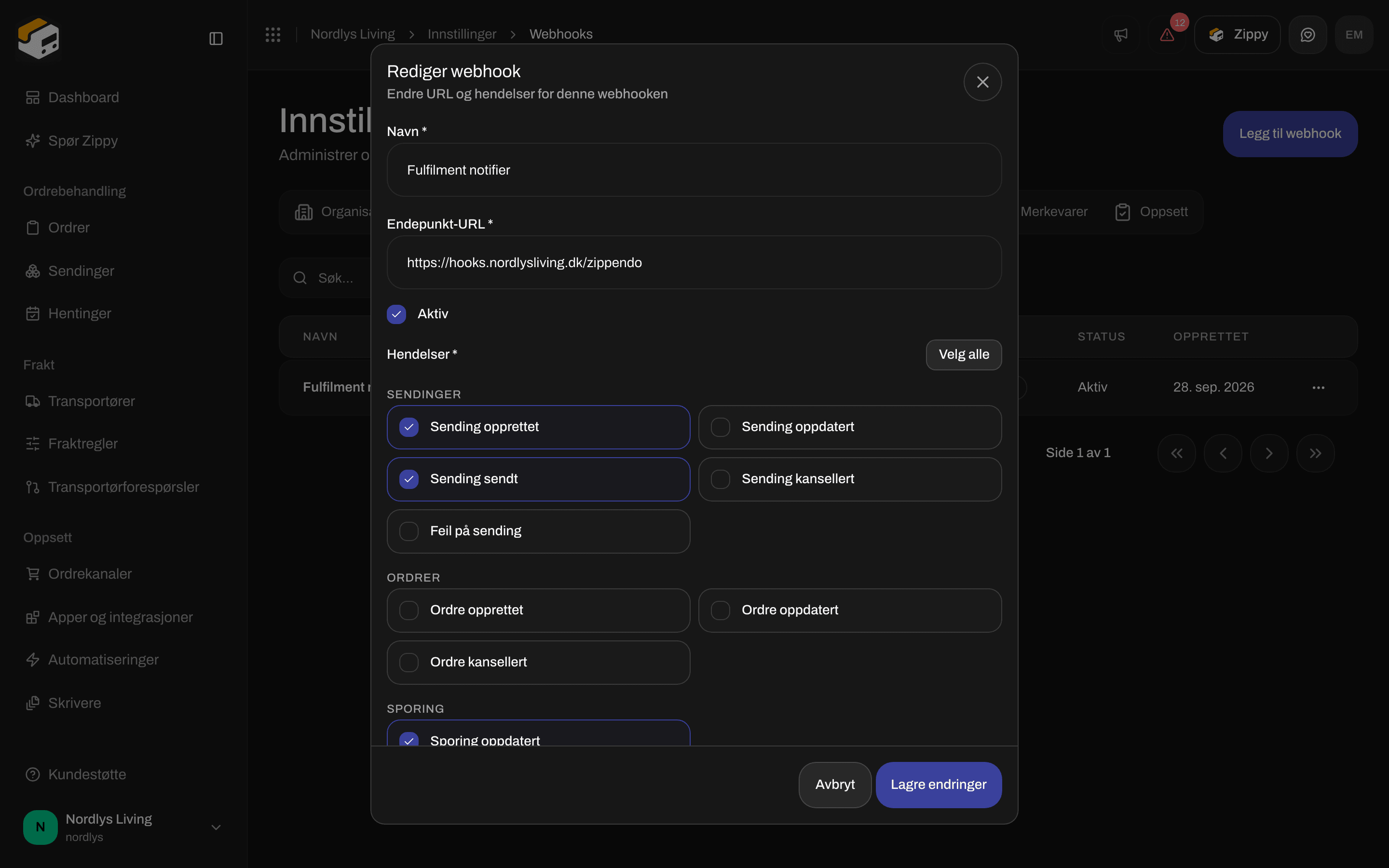 Vinduet Rediger webhook med Navn, Endpoint URL, en avkrysningsboks Aktiv og hendelsene