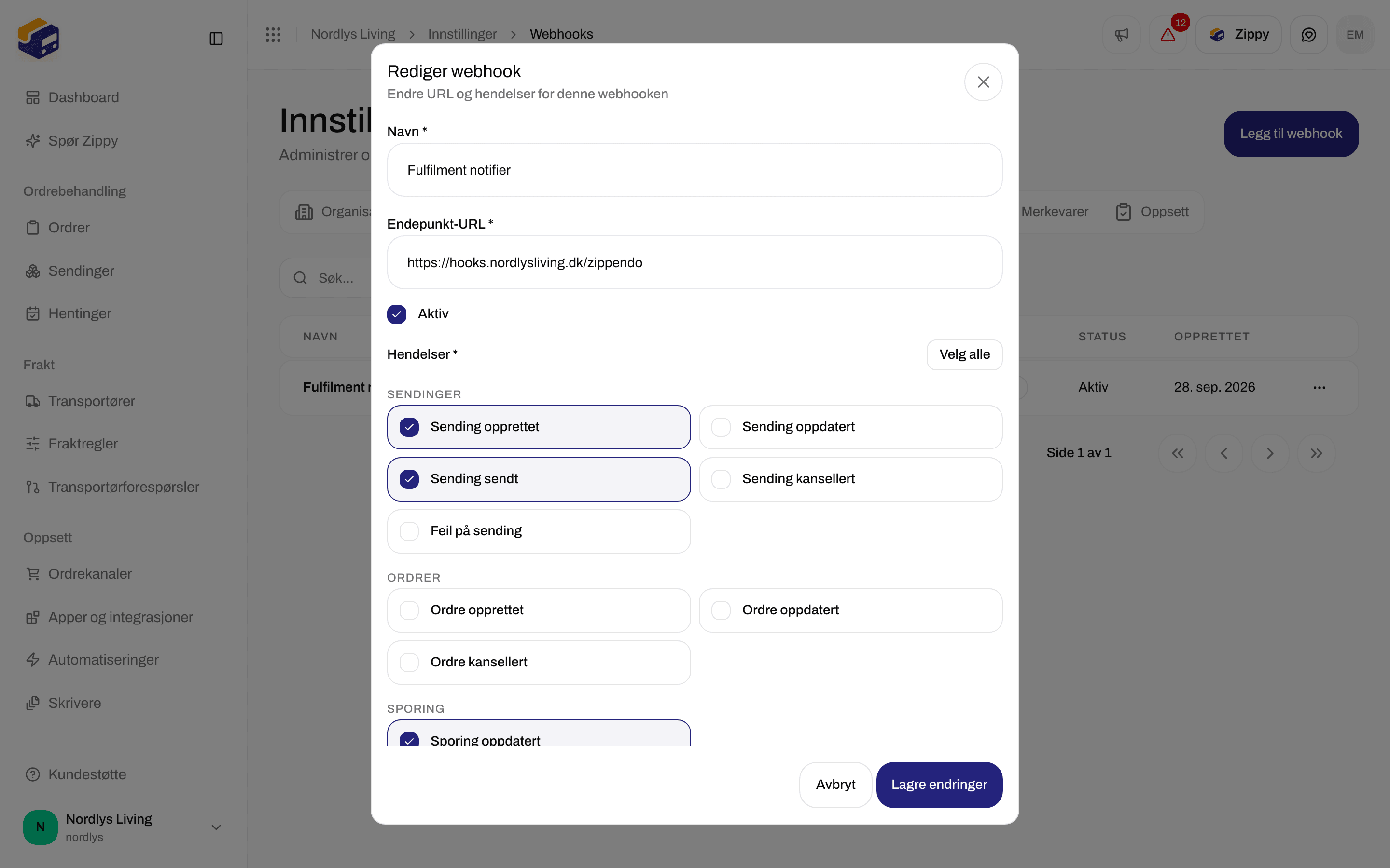 Vinduet Rediger webhook med Navn, Endpoint URL, en avkrysningsboks Aktiv og hendelsene