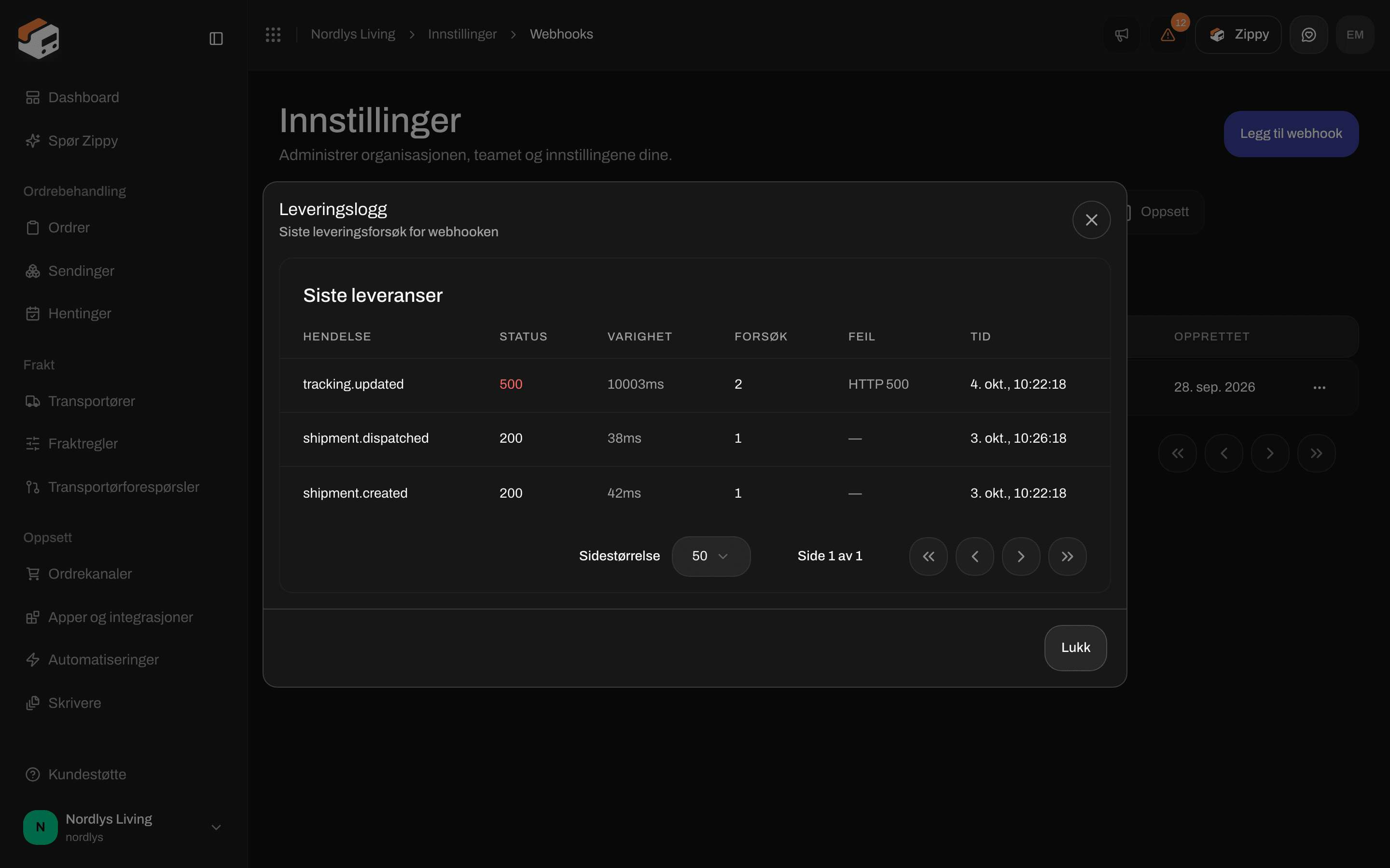 Leveringslogg med hendelsesnavn, svarstatus, varighet, forsøk og tid
