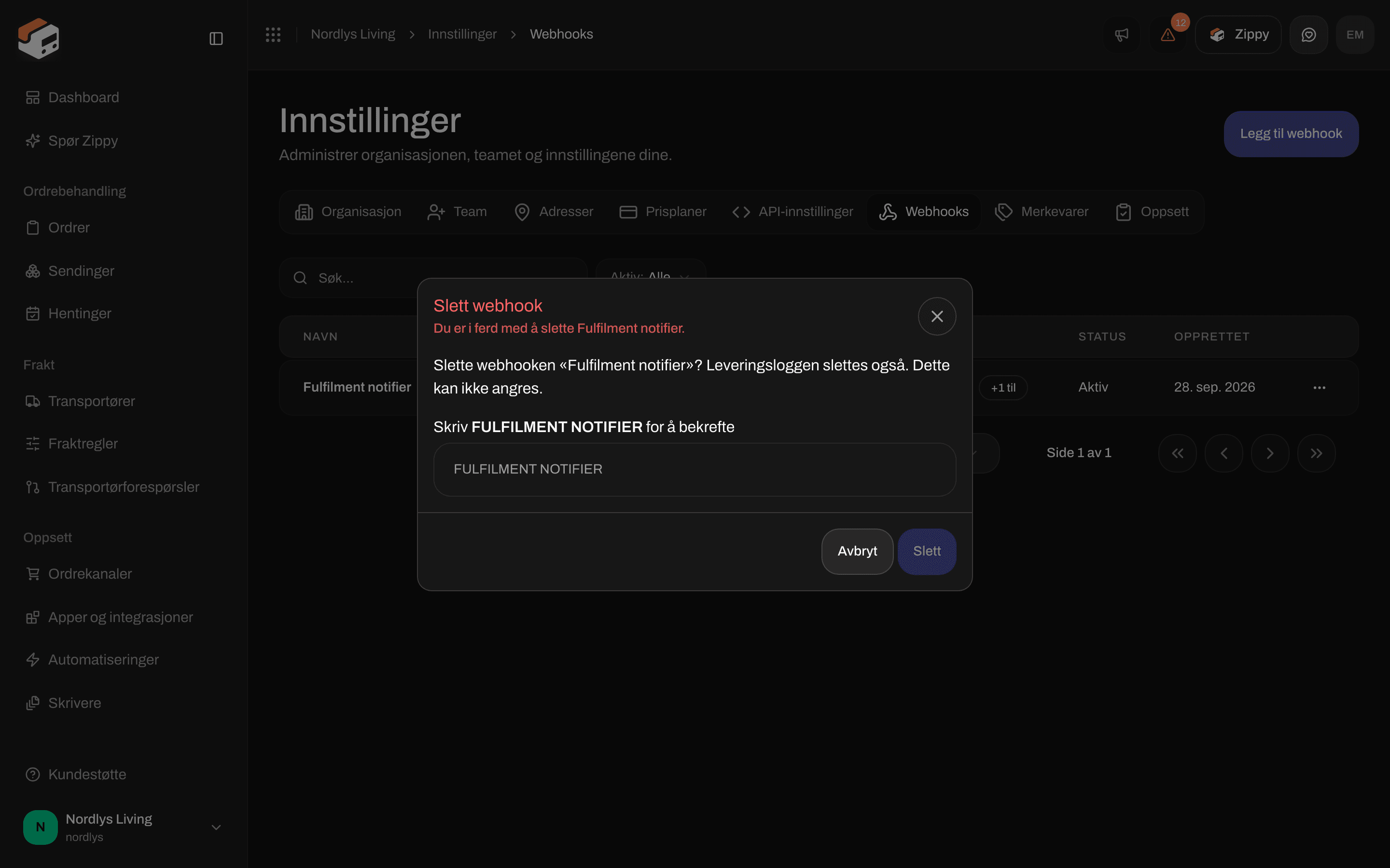 Vinduet Slett webhook med et felt for å skrive navnet for å bekrefte