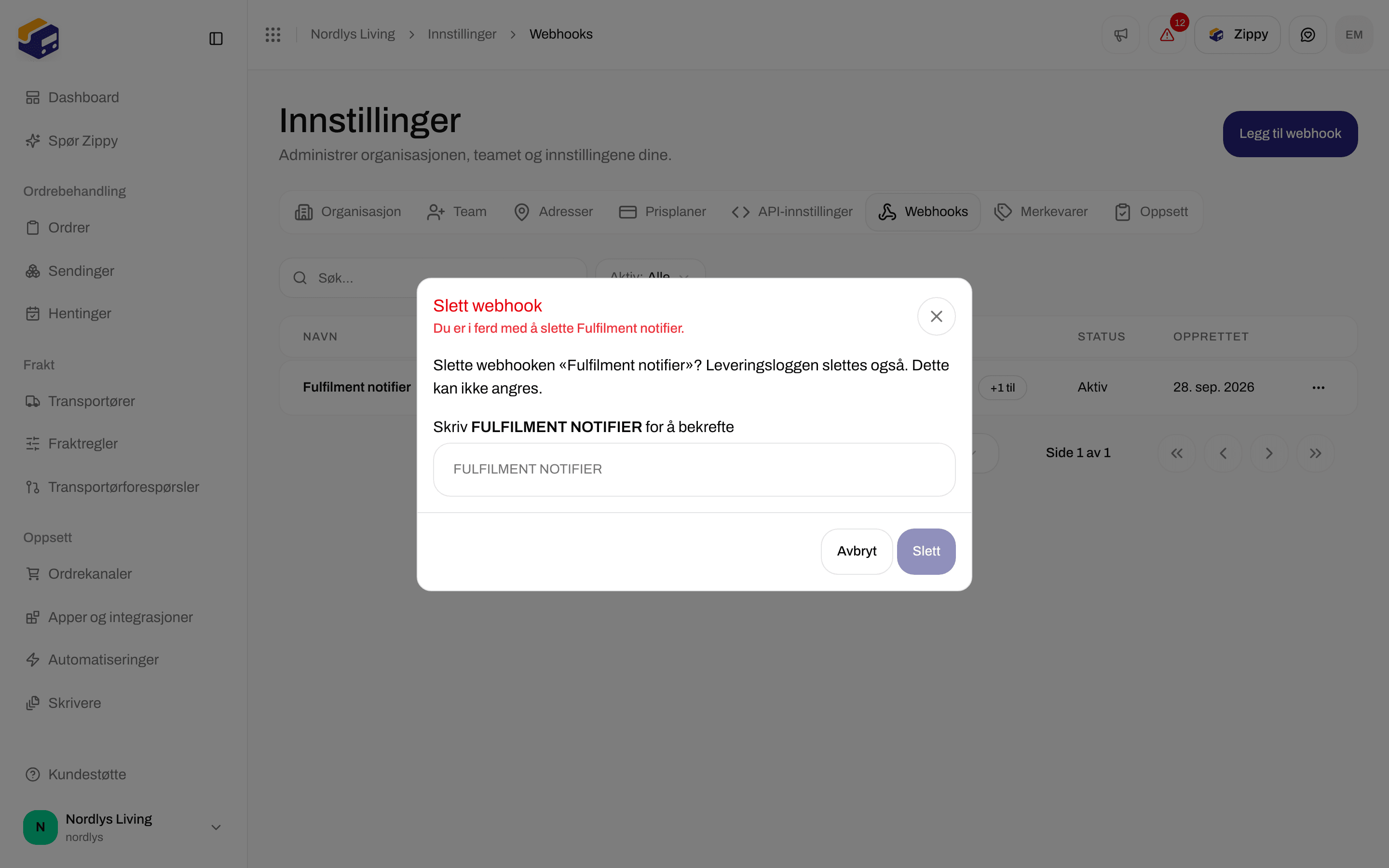 Vinduet Slett webhook med et felt for å skrive navnet for å bekrefte