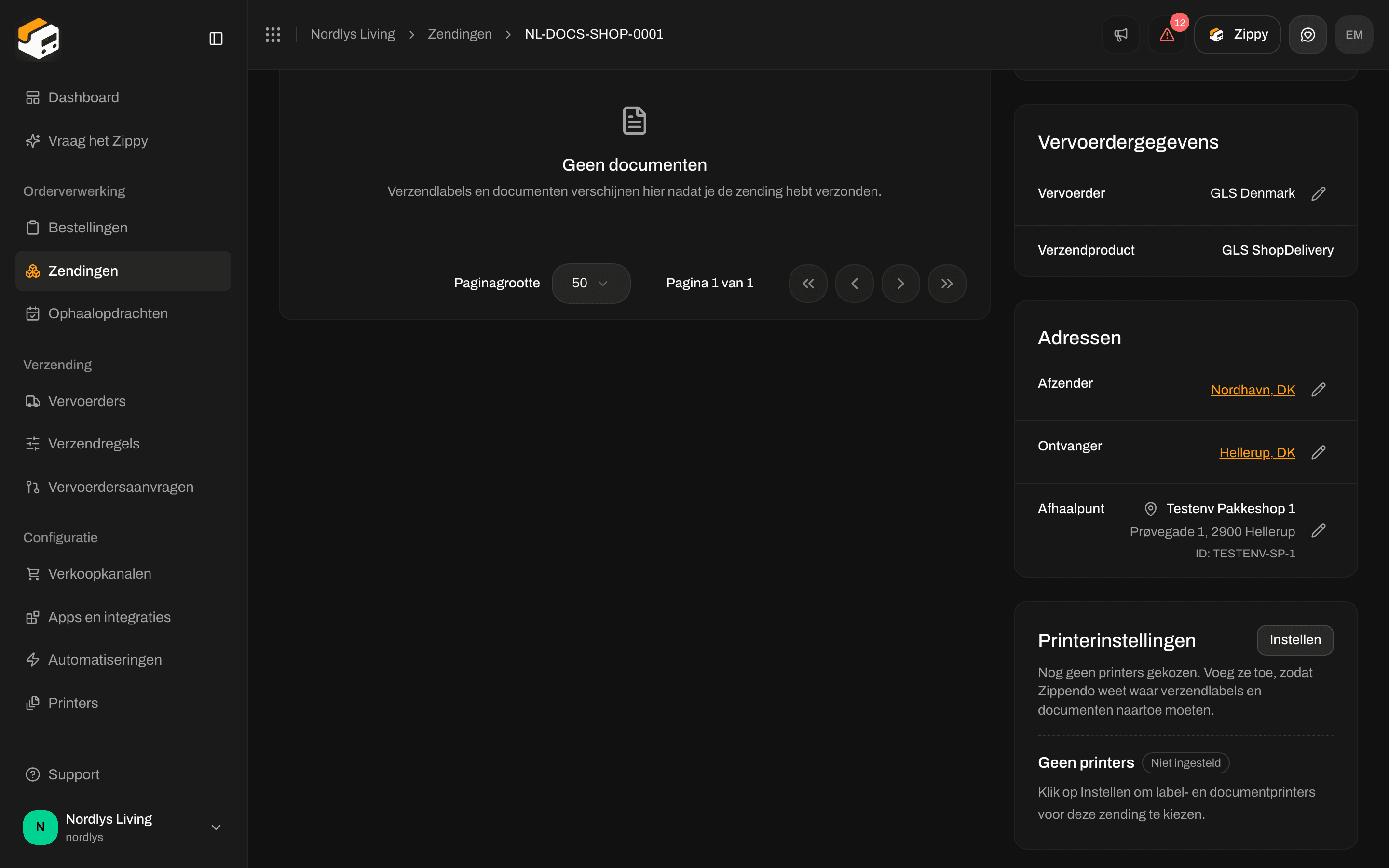 Sectie Adressen van een zending met Afzender, Ontvanger en Afhaalpunt, met een potlood om te bewerken