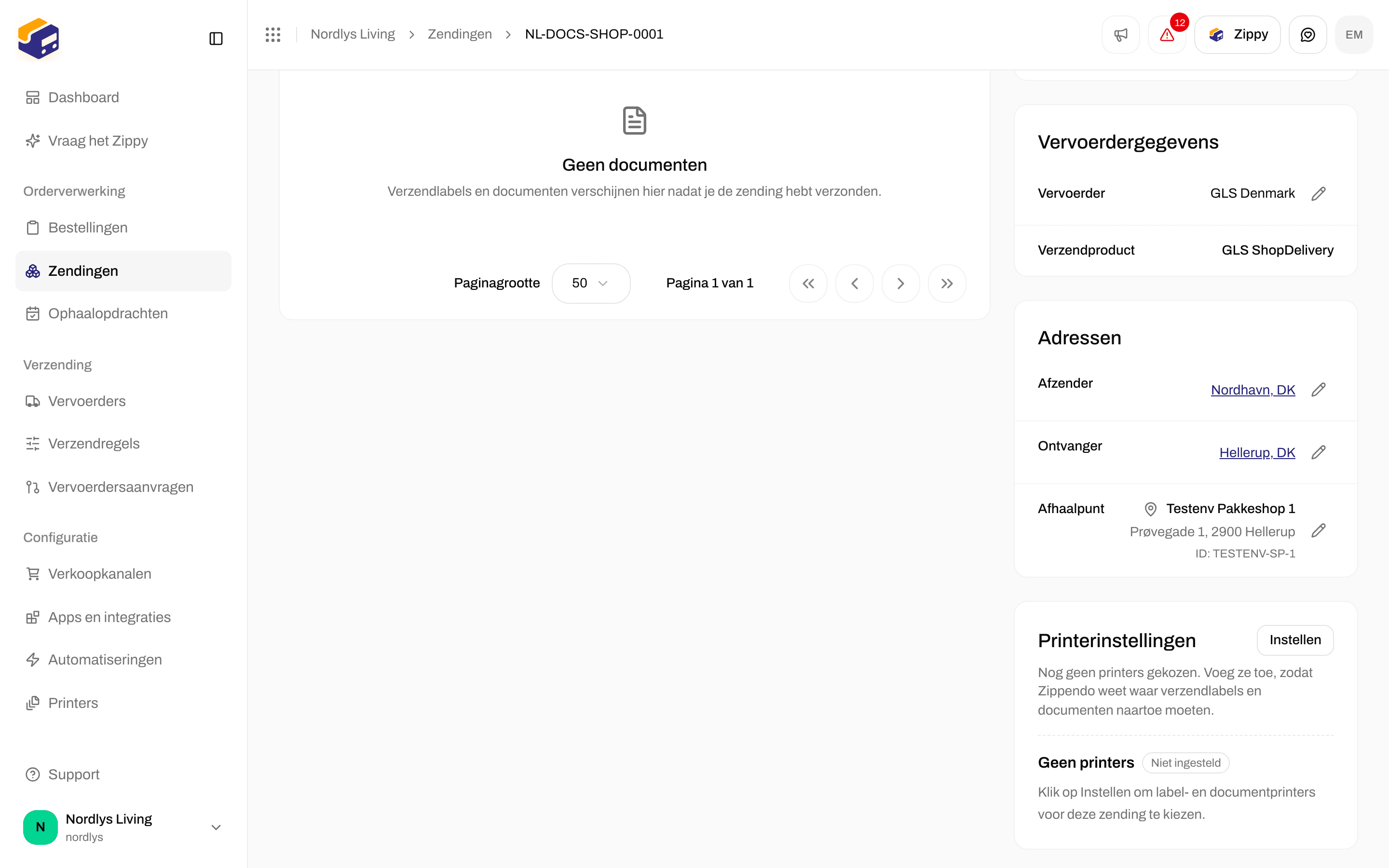 Sectie Adressen van een zending met Afzender, Ontvanger en Afhaalpunt, met een potlood om te bewerken